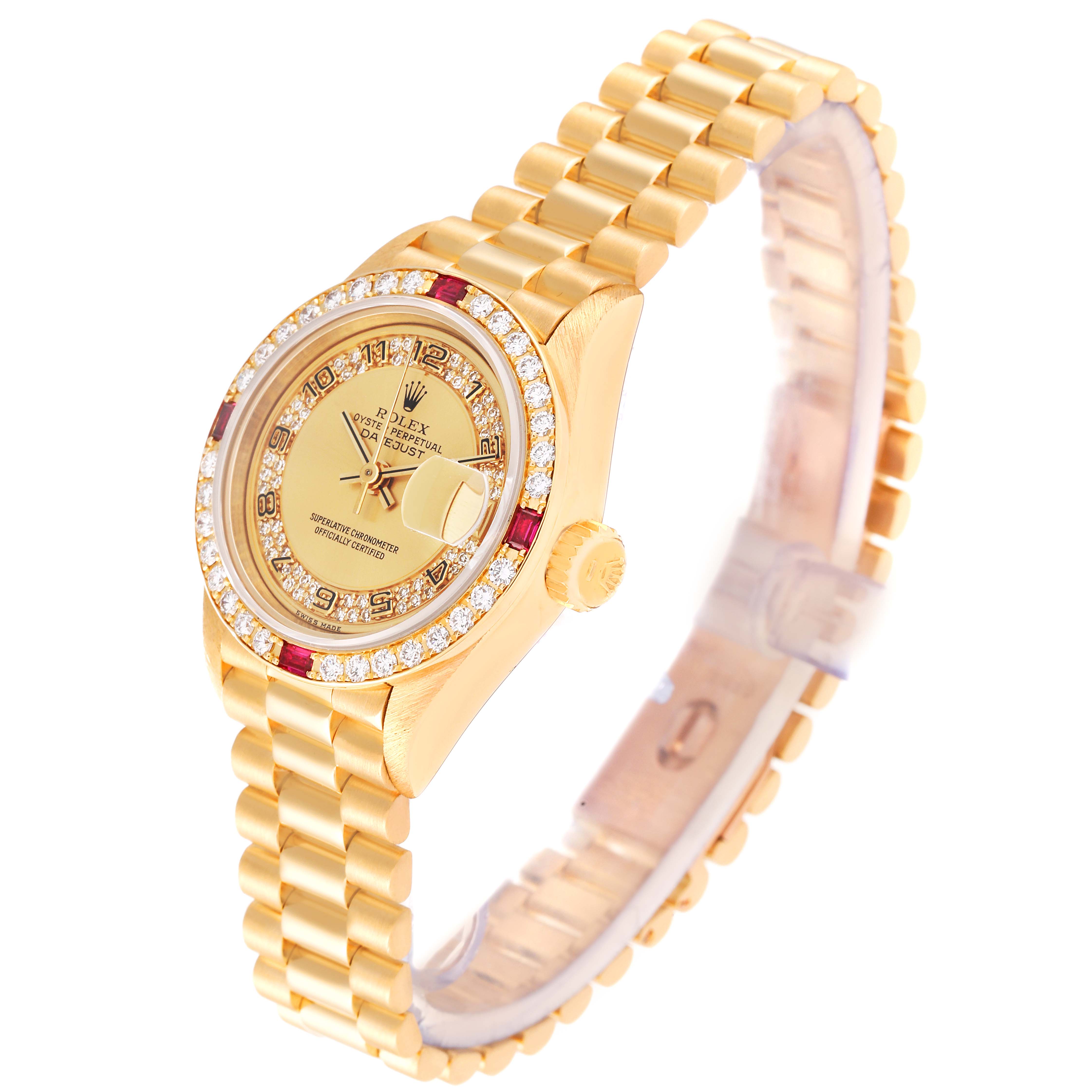 The Rolex President 69068 Women's Yellow Gold Champagne Dial 69068 Women's Yellow Gold Champagne Dial model watch is shown at an angled view, highlighting its gold bracelet, diamond bezel, and dial.
