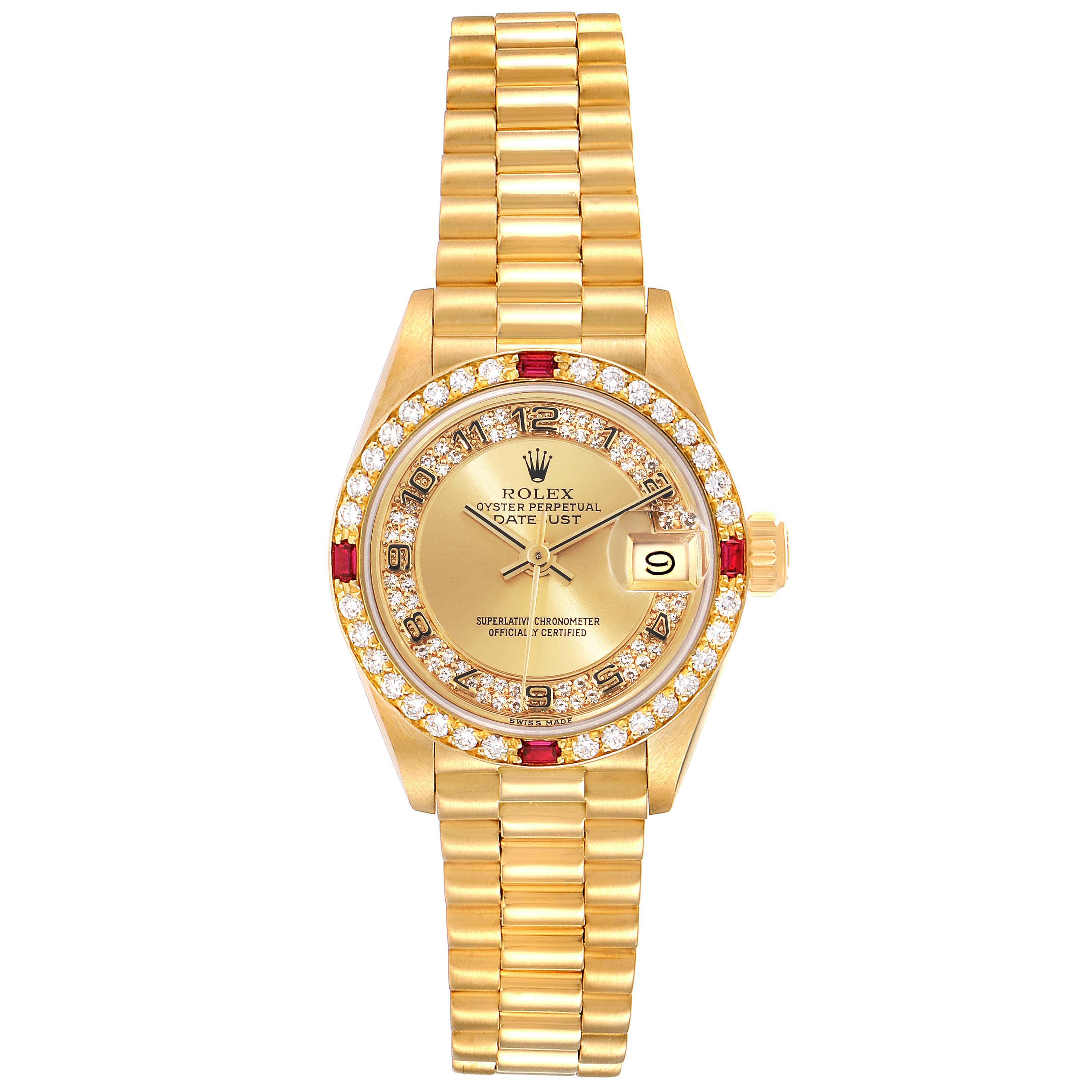 This image shows the front view of a Rolex President 69068 Women's Yellow Gold Champagne Dial 69068 Women's Yellow Gold Champagne Dial model watch, featuring a gold bracelet, diamond bezel, and date display.