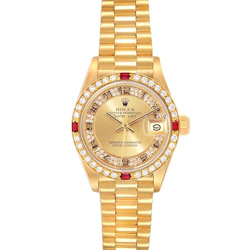 Photo of Rolex President Datejust Yellow Gold Diamond Ruby Ladies Watch 69068 Box Papers