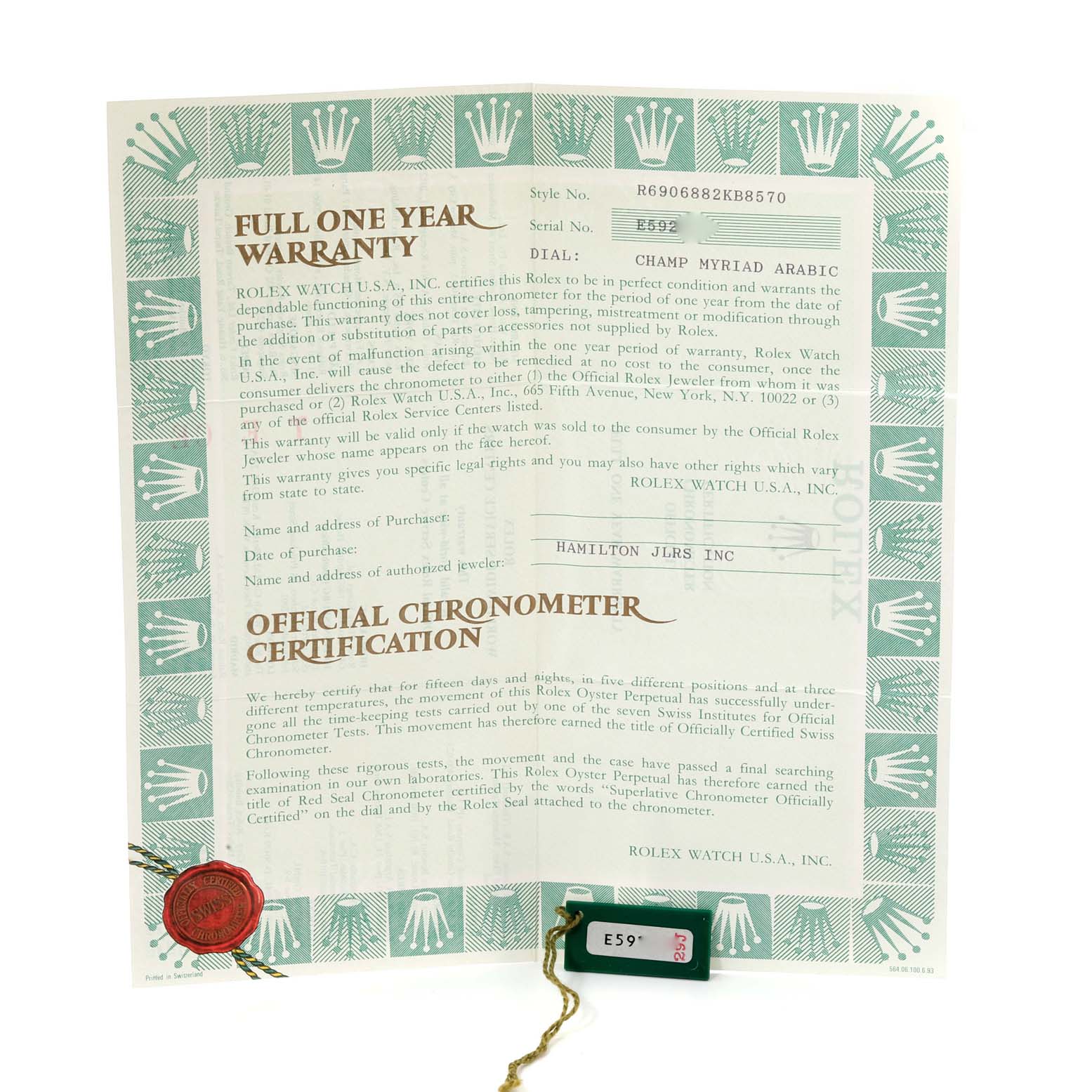 The image shows a close-up of the warranty and certification documents for a Rolex President 69068 Women's Yellow Gold Champagne Dial 69068 Women's Yellow Gold Champagne Dial model watch.