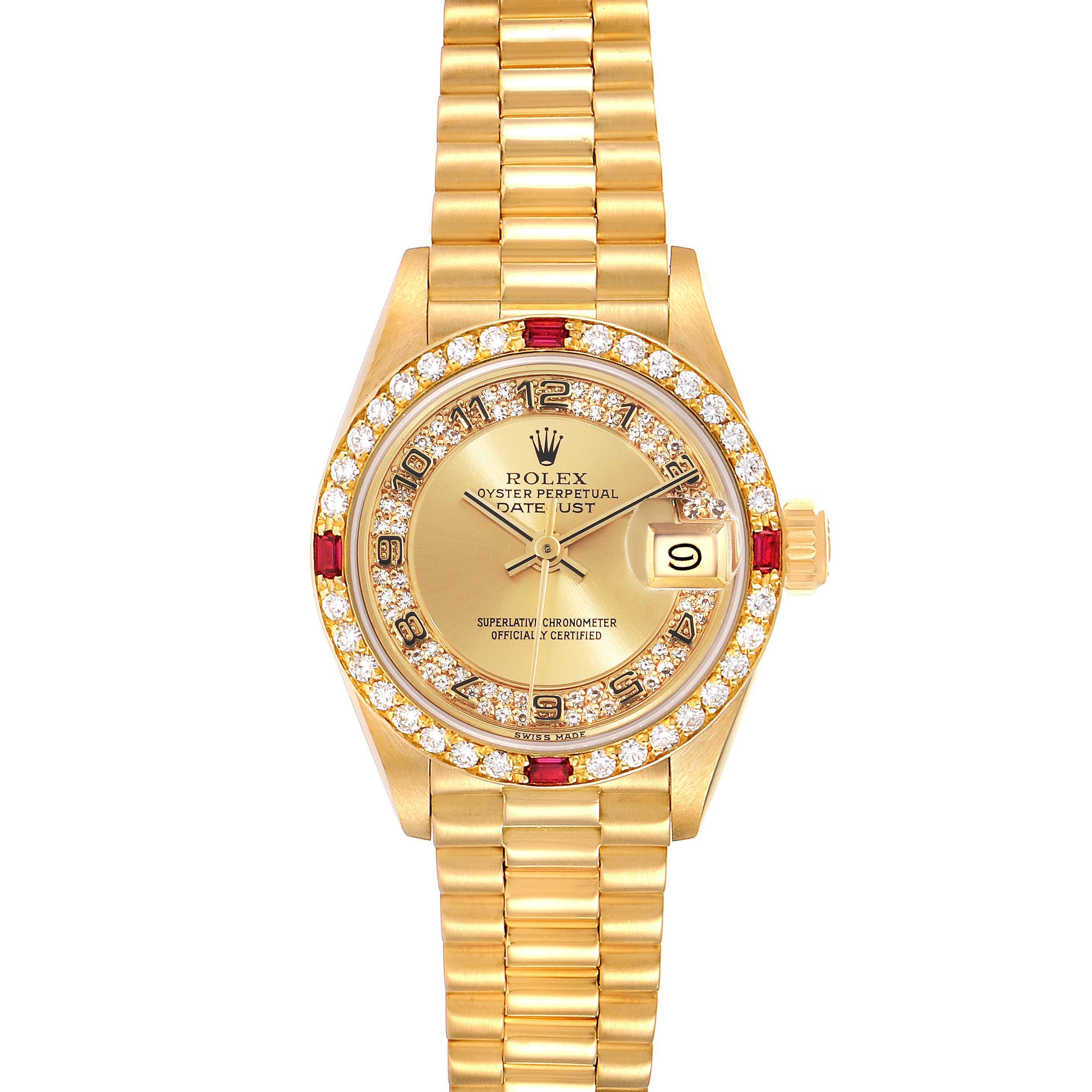 This is a Rolex President 69068 Women's Yellow Gold Champagne Dial 69068 Women's Yellow Gold Champagne Dial watch shown from a top-down angle, displaying its dial, bezel, case, and bracelet.