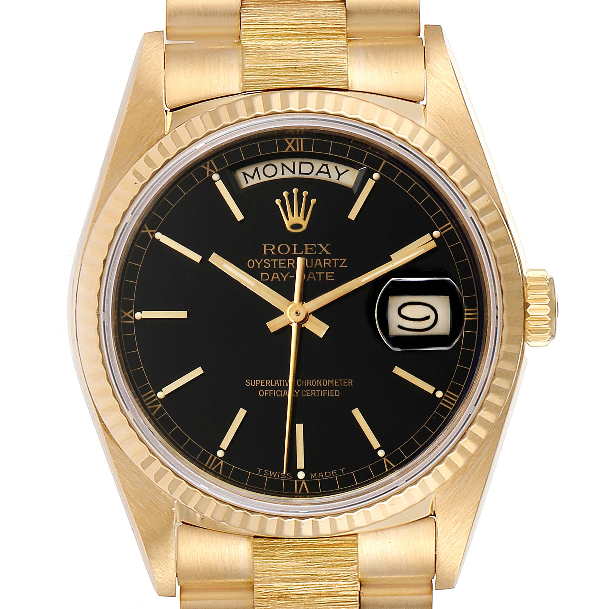 The image shows a front view of the Rolex President 18078 Men
s Yellow Gold Black Dial 18078 Men
s Yellow Gold Black Dial Oysterquartz Day-Date watch, highlighting its black dial and gold case.