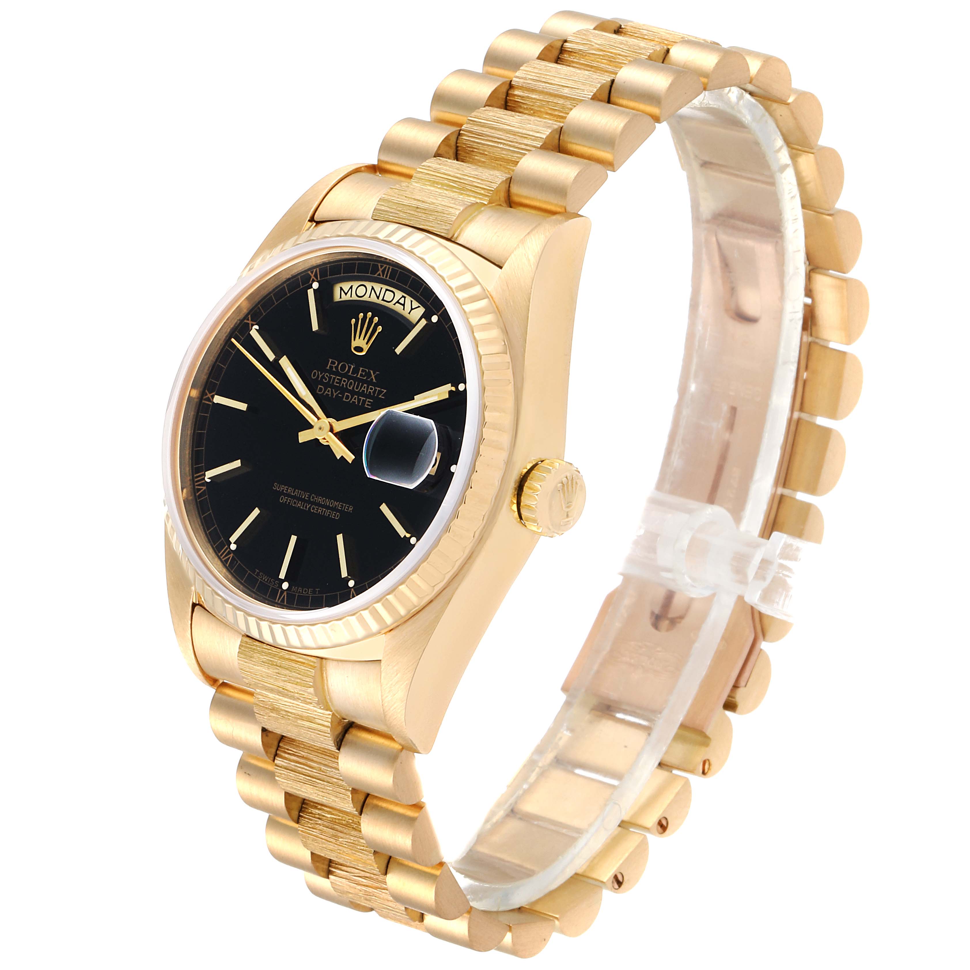 The Rolex President 18078 Men
s Yellow Gold Black Dial 18078 Men
s Yellow Gold Black Dial model watch is shown at a three-quarter angle, highlighting the face, bracelet, and crown.