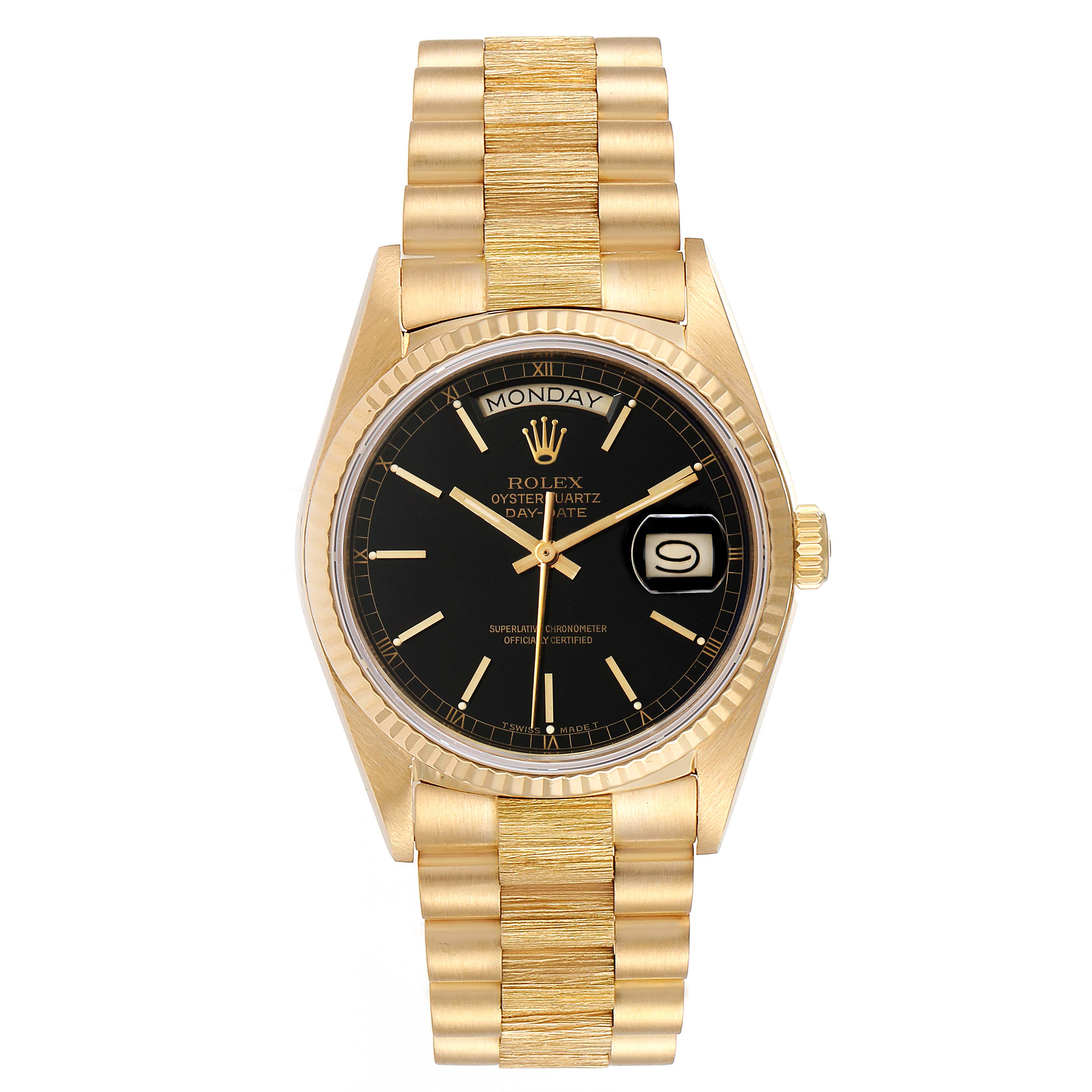 This image shows a front view of the Rolex President 18078 Men
s Yellow Gold Black Dial 18078 Men
s Yellow Gold Black Dial model watch, highlighting its gold bracelet, black dial, and day-date display.