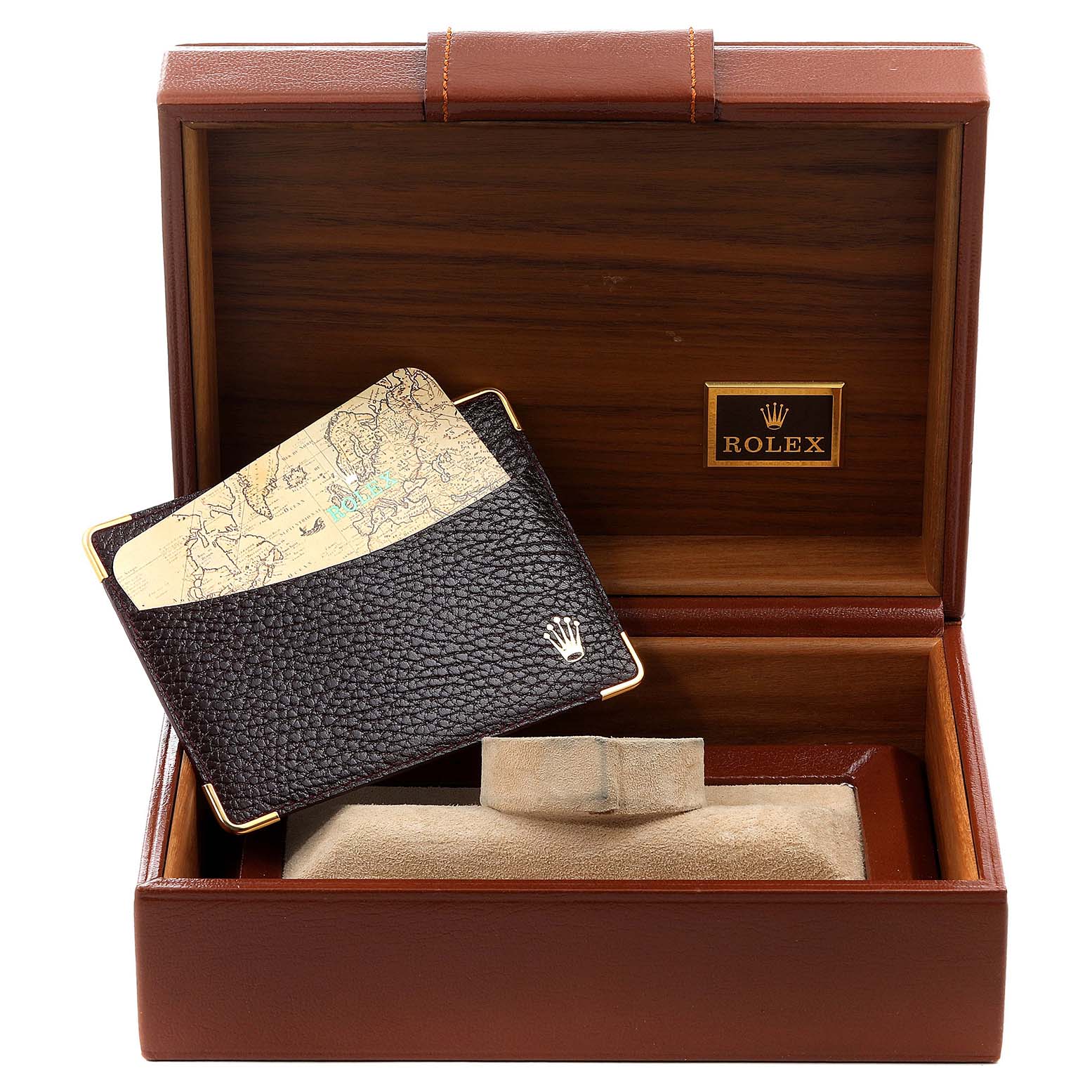 This image shows the inside of a Rolex President 18078 Men
s Yellow Gold Black Dial 18078 Men
s Yellow Gold Black Dial model watch box, featuring a cardholder and cushion.