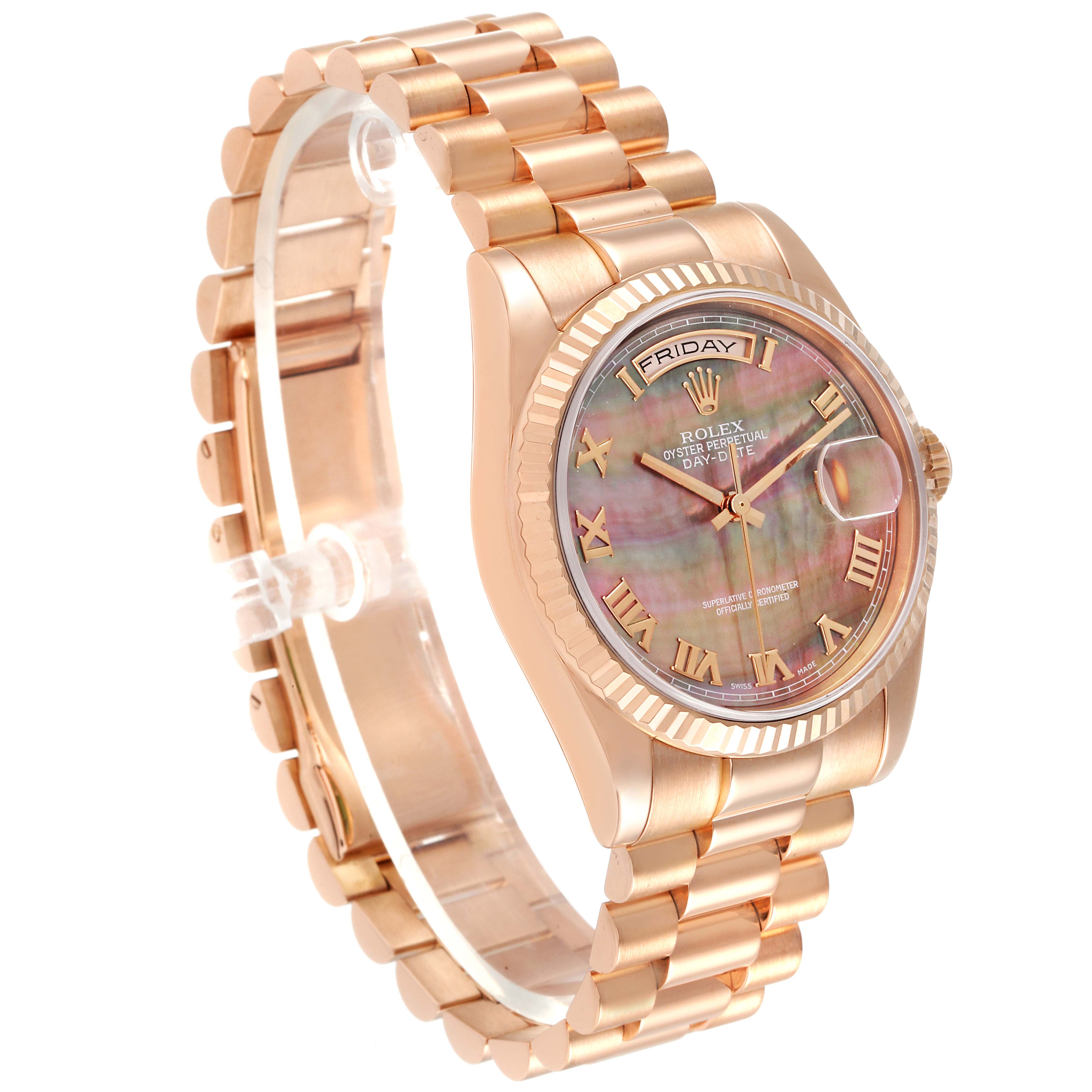 The Rolex President 118235 Men's Rose Gold Mother of Pearl Dial 118235 Men's Rose Gold Mother of Pearl Dial model is shown at an angle highlighting its face, bezel, and bracelet.