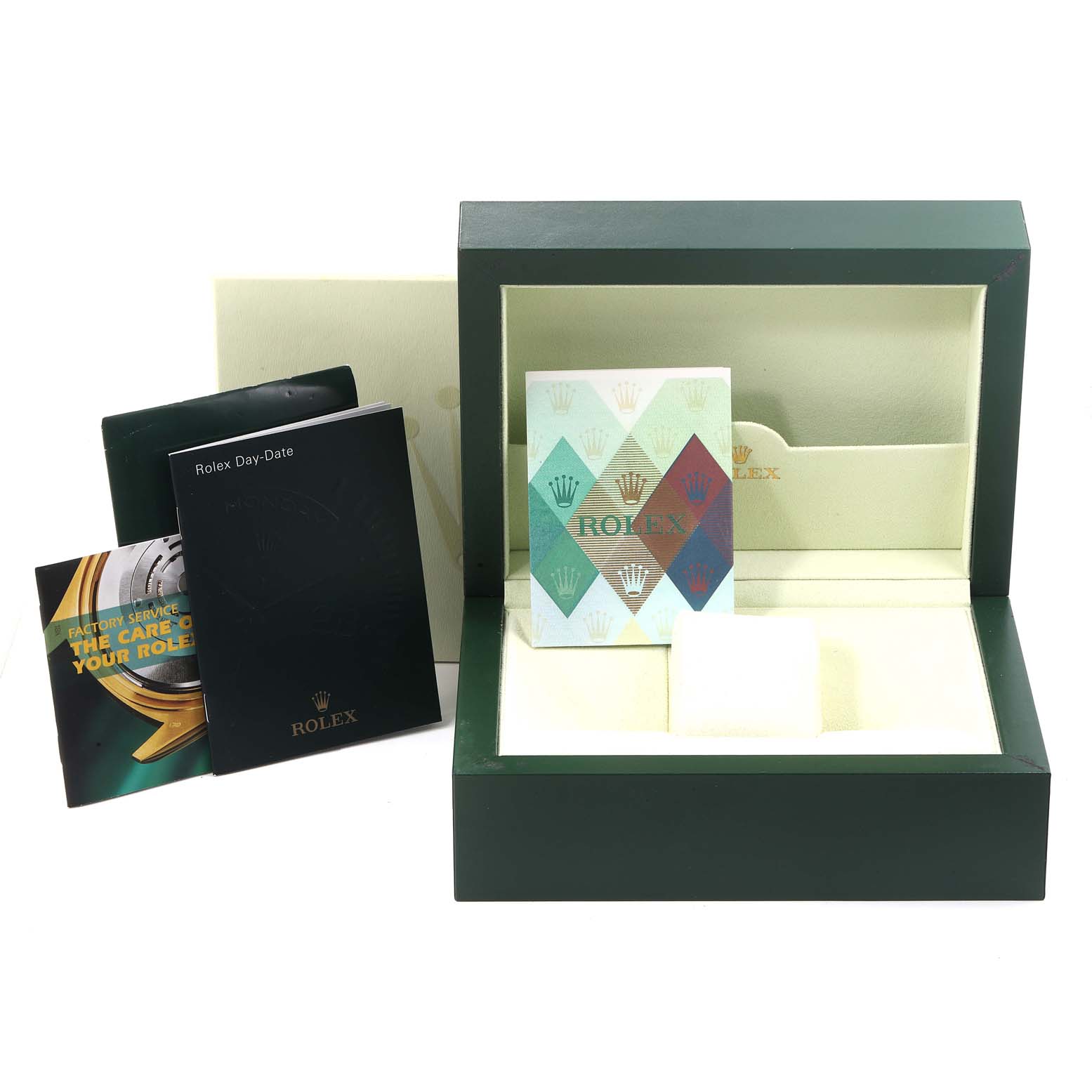 The image shows a Rolex President 118235 Men's Rose Gold Mother of Pearl Dial 118235 Men's Rose Gold Mother of Pearl Dial watch box and accessories, including booklets and warranty cards, from a front-facing angle.