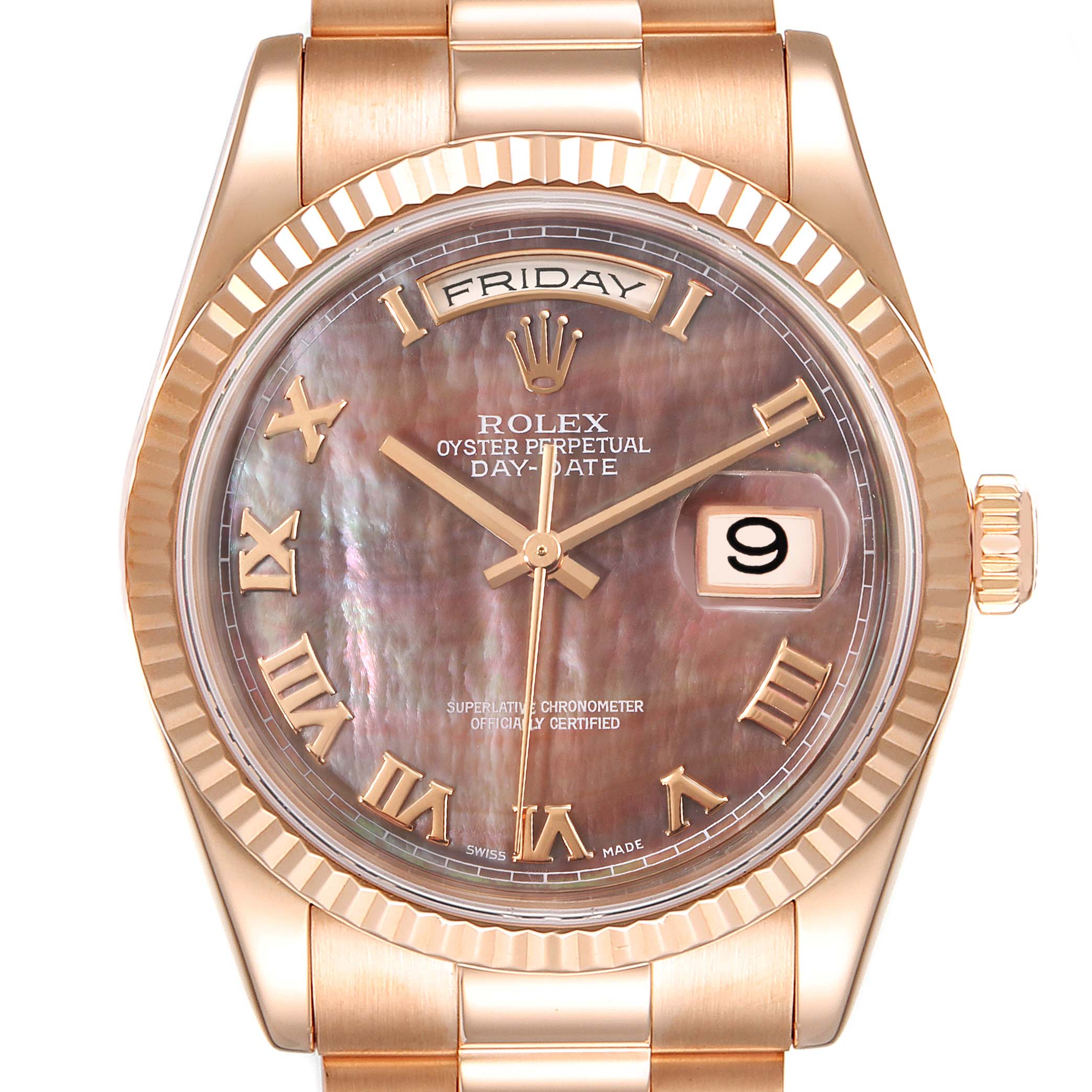 This is a close-up of the Rolex President 118235 Men's Rose Gold Mother of Pearl Dial 118235 Men's Rose Gold Mother of Pearl Dial watch displaying its face, showing the day, date, and a mother-of-pearl dial.