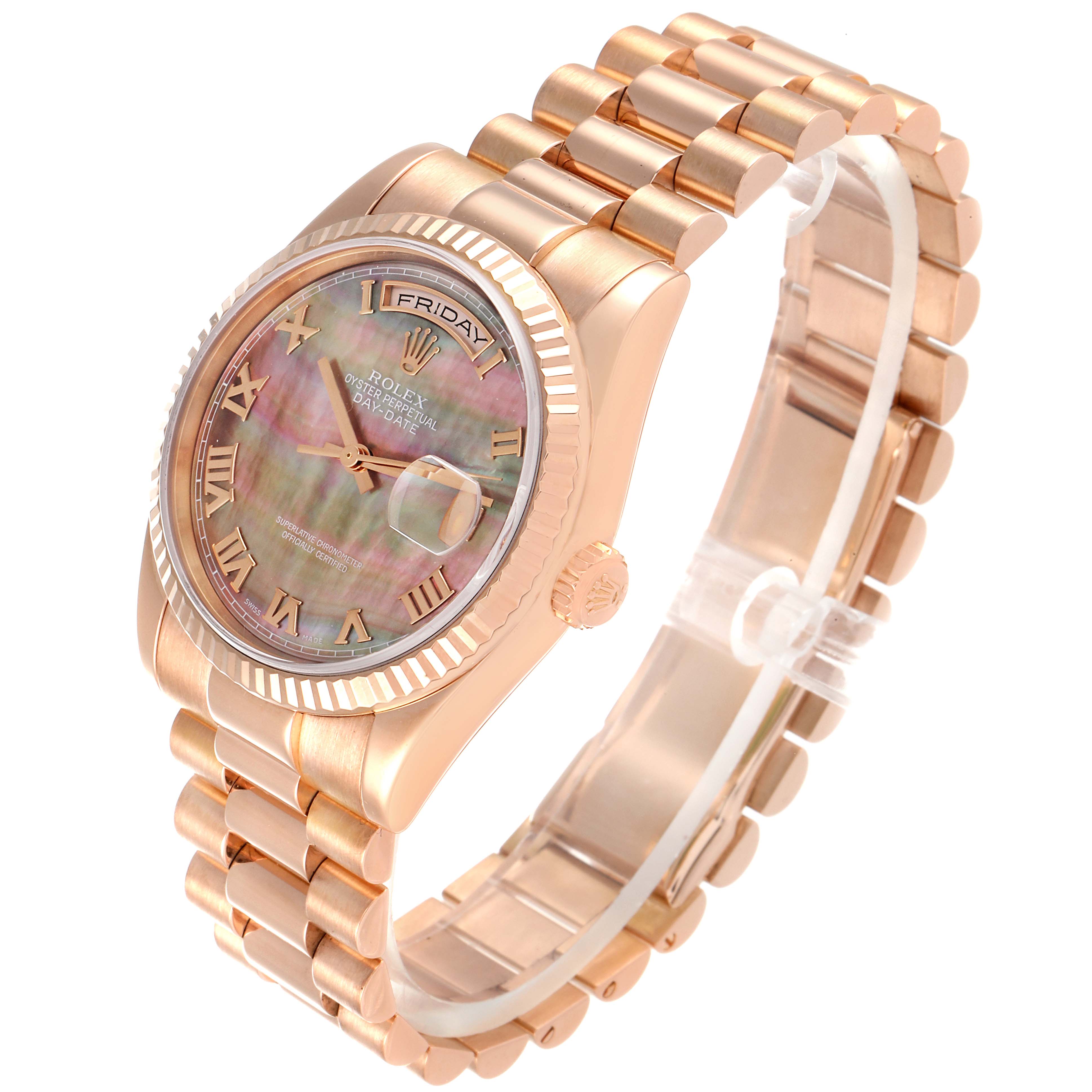 The image shows a Rolex President 118235 Men's Rose Gold Mother of Pearl Dial 118235 Men's Rose Gold Mother of Pearl Dial model watch from an angled side view, highlighting the bracelet, bezel, and dial.