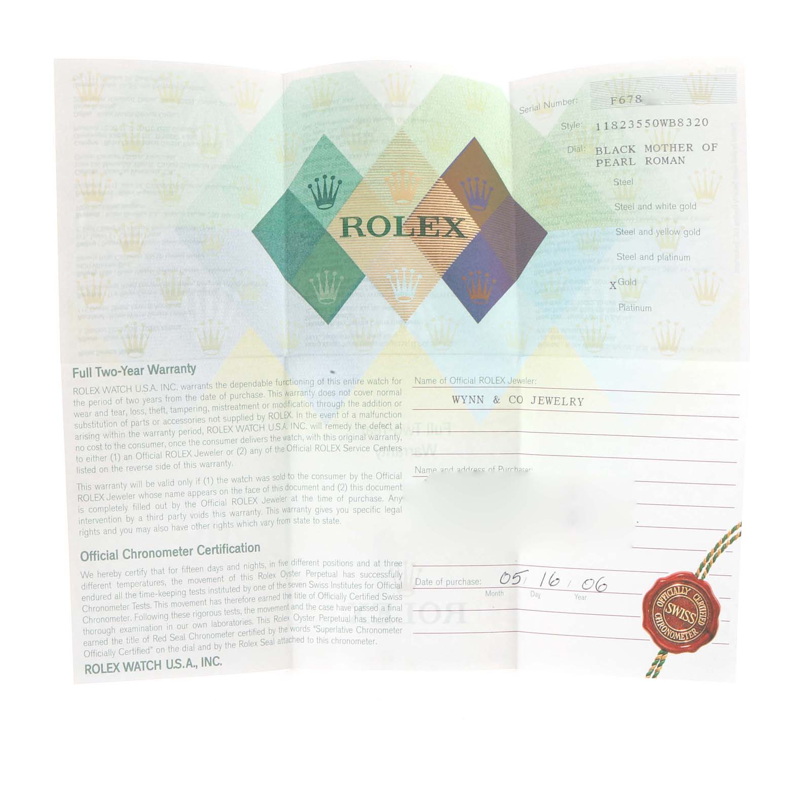 The image shows the warranty card and Official Chronometer Certification for the Rolex President 118235 Men's Rose Gold Mother of Pearl Dial 118235 Men's Rose Gold Mother of Pearl Dial model watch.