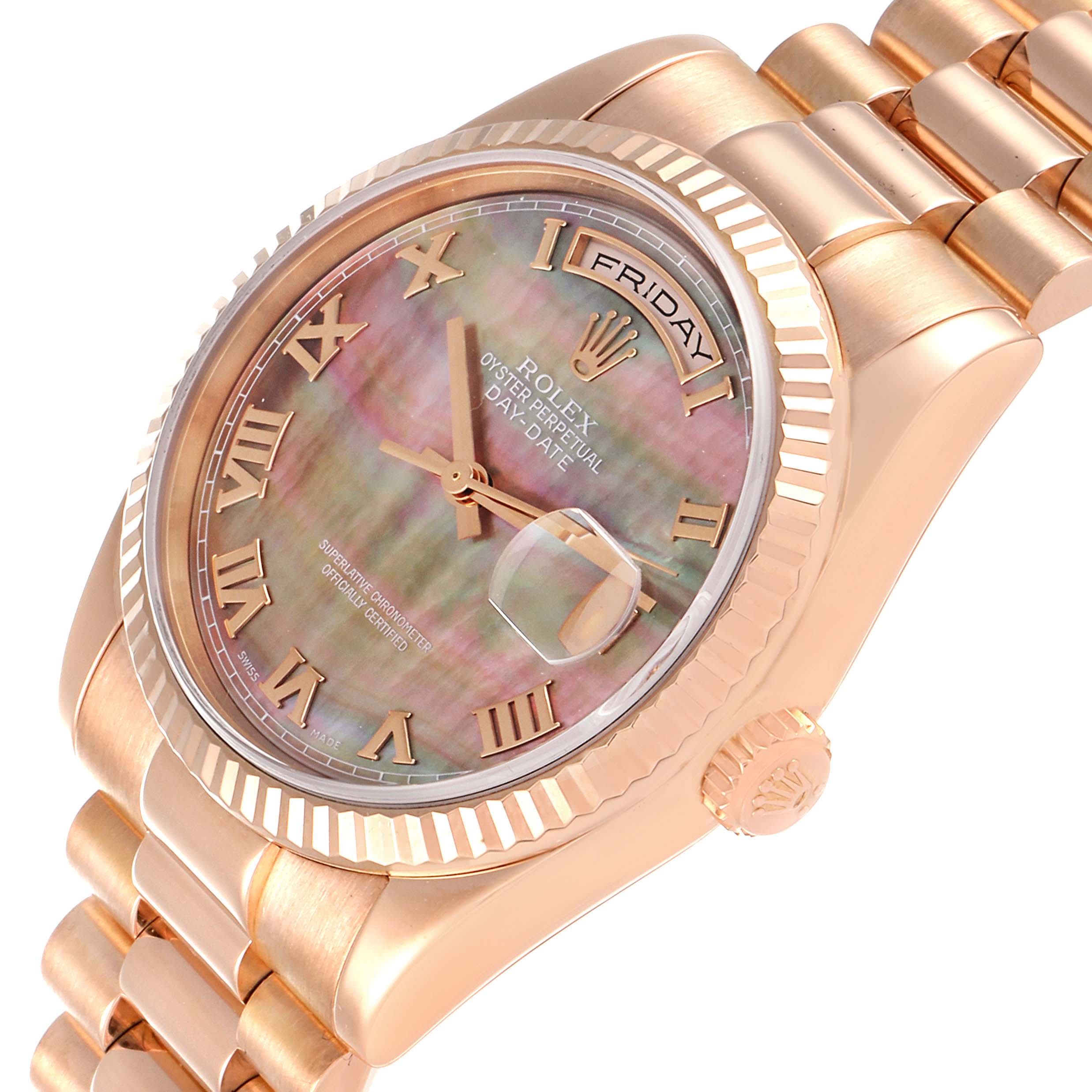 This image displays a Rolex President 118235 Men's Rose Gold Mother of Pearl Dial 118235 Men's Rose Gold Mother of Pearl Dial model at an angled top view, showcasing the dial, bezel, crown, and part of the bracelet.