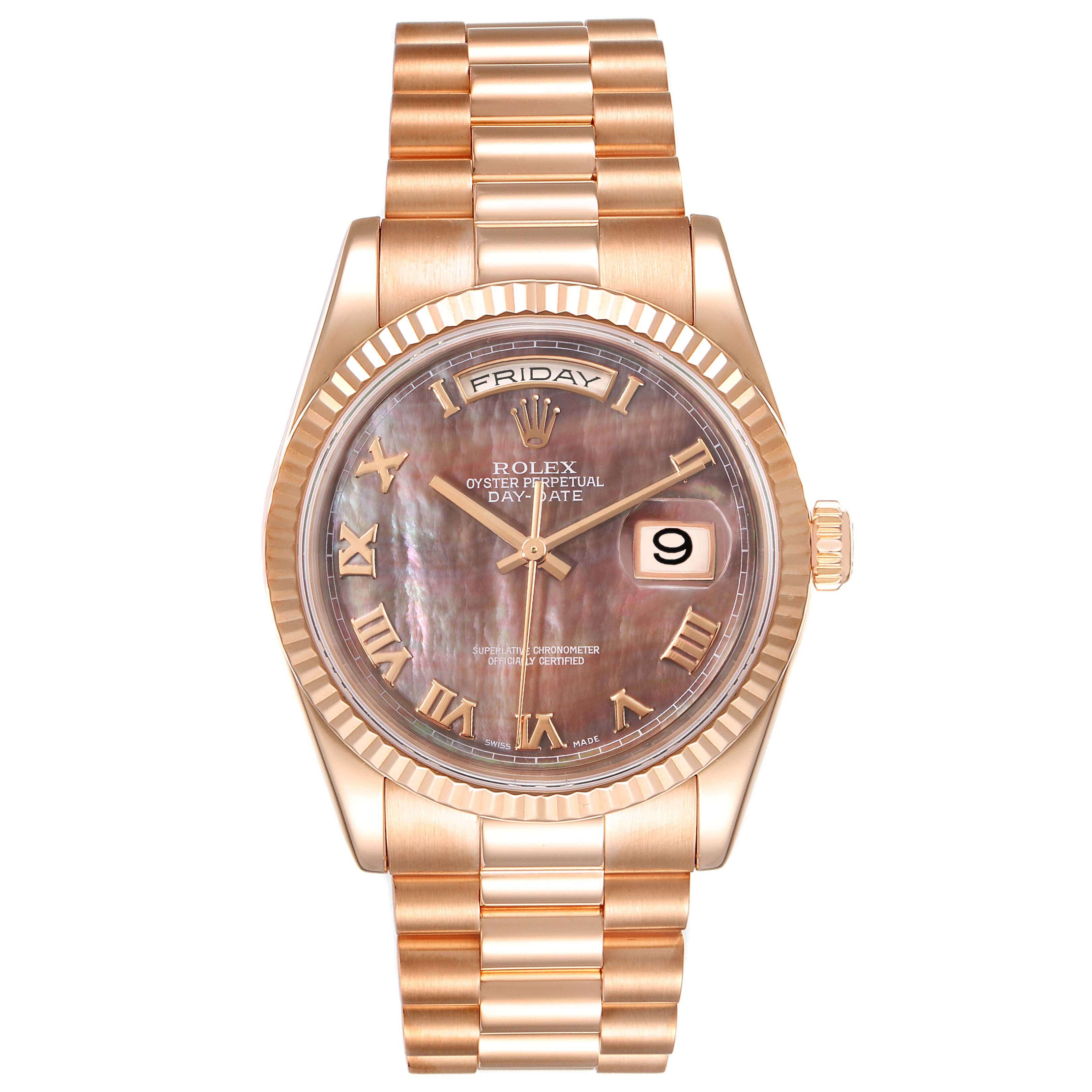 This image shows a full frontal view of the Rolex President 118235 Men's Rose Gold Mother of Pearl Dial 118235 Men's Rose Gold Mother of Pearl Dial model, displaying the watch face, band, and crown.