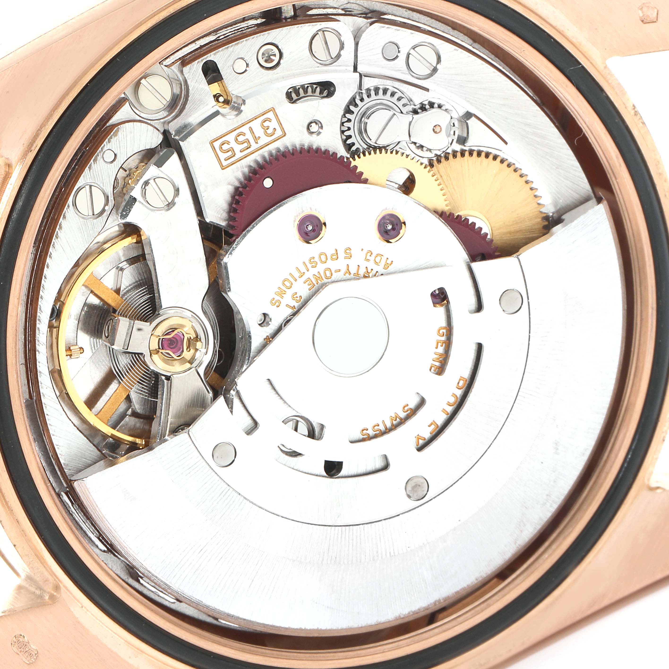 This image shows the internal mechanics and movement of a Rolex President 118235 Men's Rose Gold Mother of Pearl Dial 118235 Men's Rose Gold Mother of Pearl Dial model watch.
