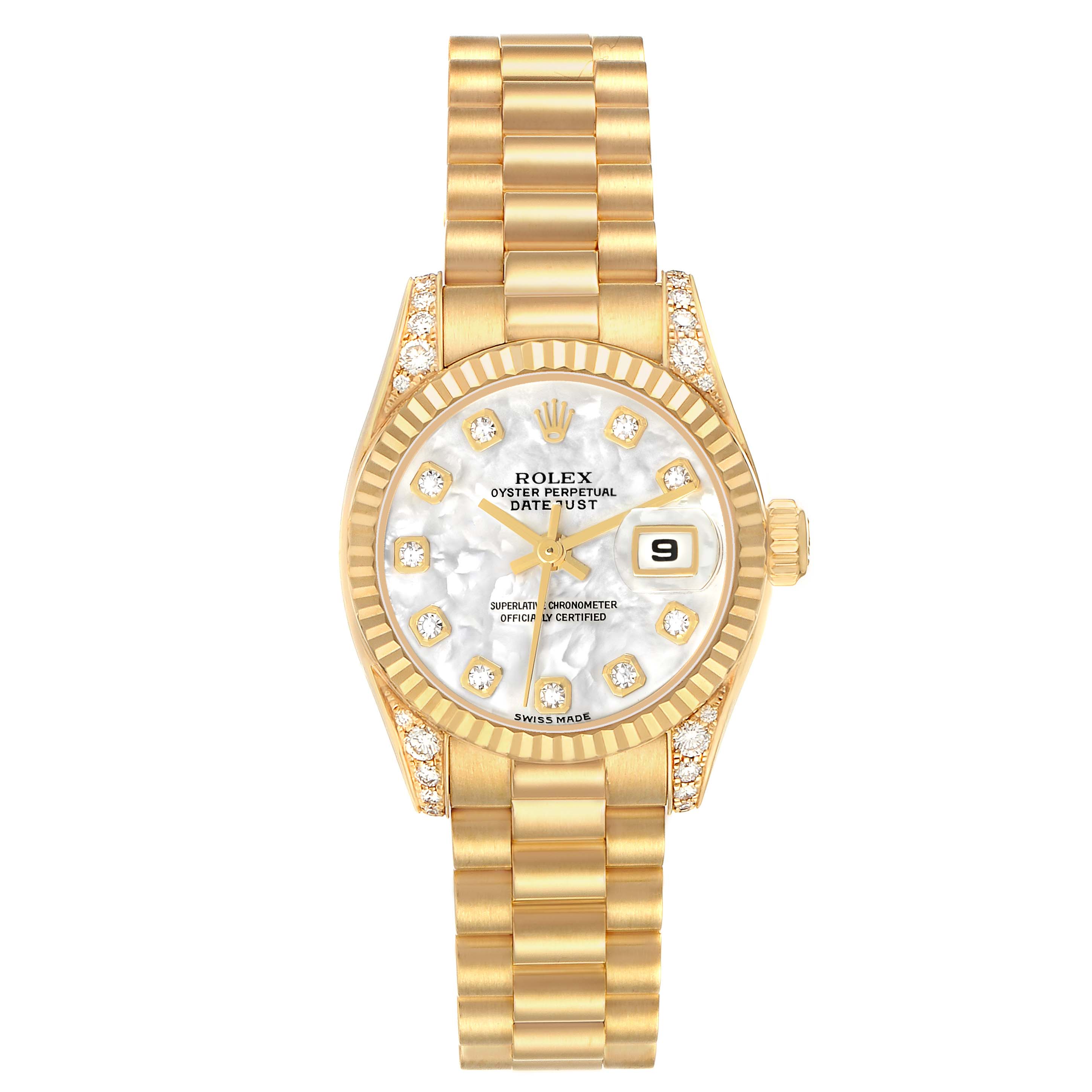 The Rolex President 179238 Women's Yellow Gold Mother of Pearl Dial model is shown from a top-down angle, highlighting the bracelet, case, dial, bezel, and date window.