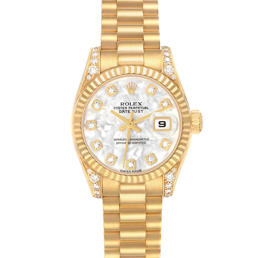 The Rolex President 179238 Women's Yellow Gold Mother of Pearl Dial model is shown from a top-down angle, highlighting its gold bracelet, diamond bezel, and white dial.