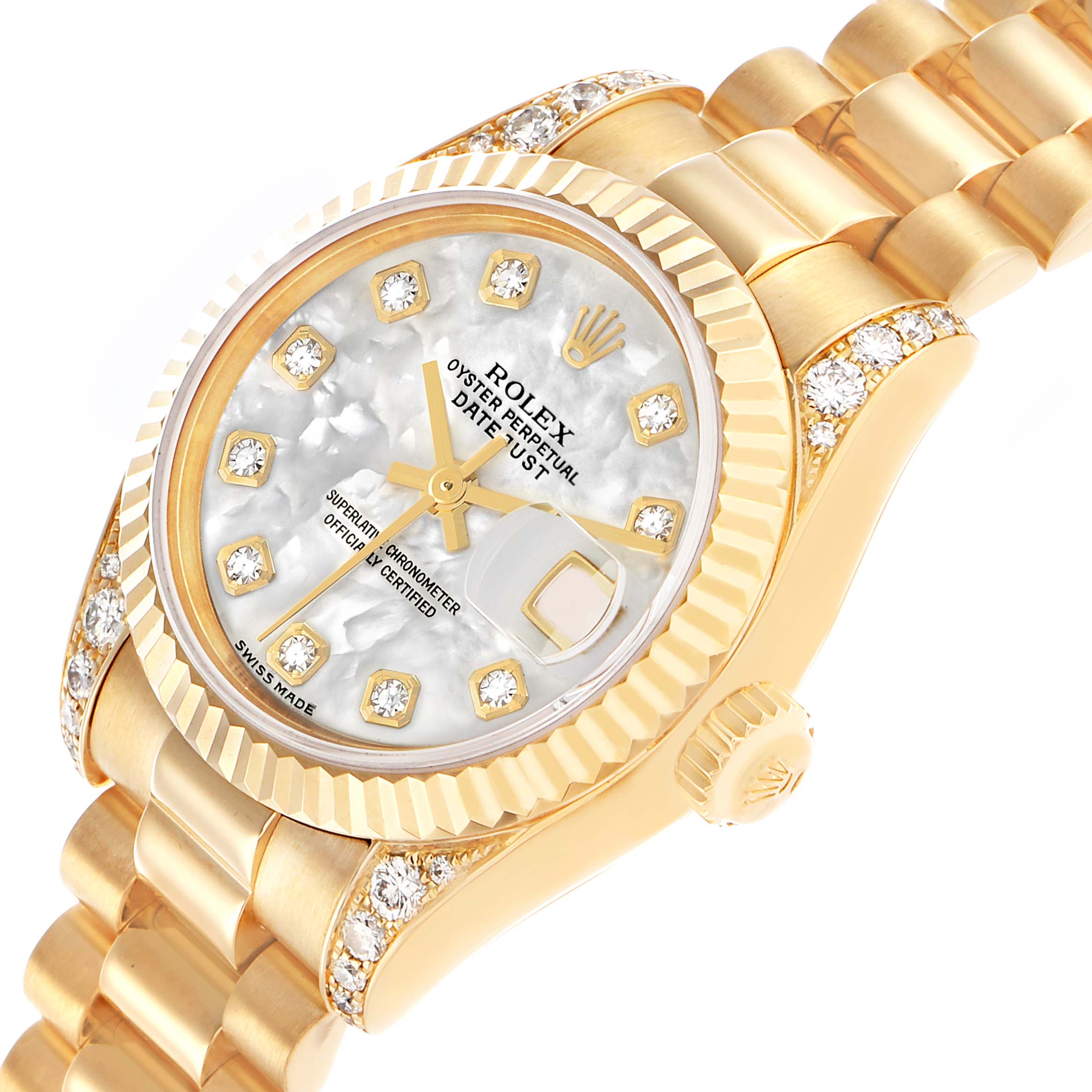The Rolex President 179238 Women's Yellow Gold Mother of Pearl Dial model is shown at an angled view, highlighting its gold case, diamond bezel, bracelet, and mother-of-pearl dial.