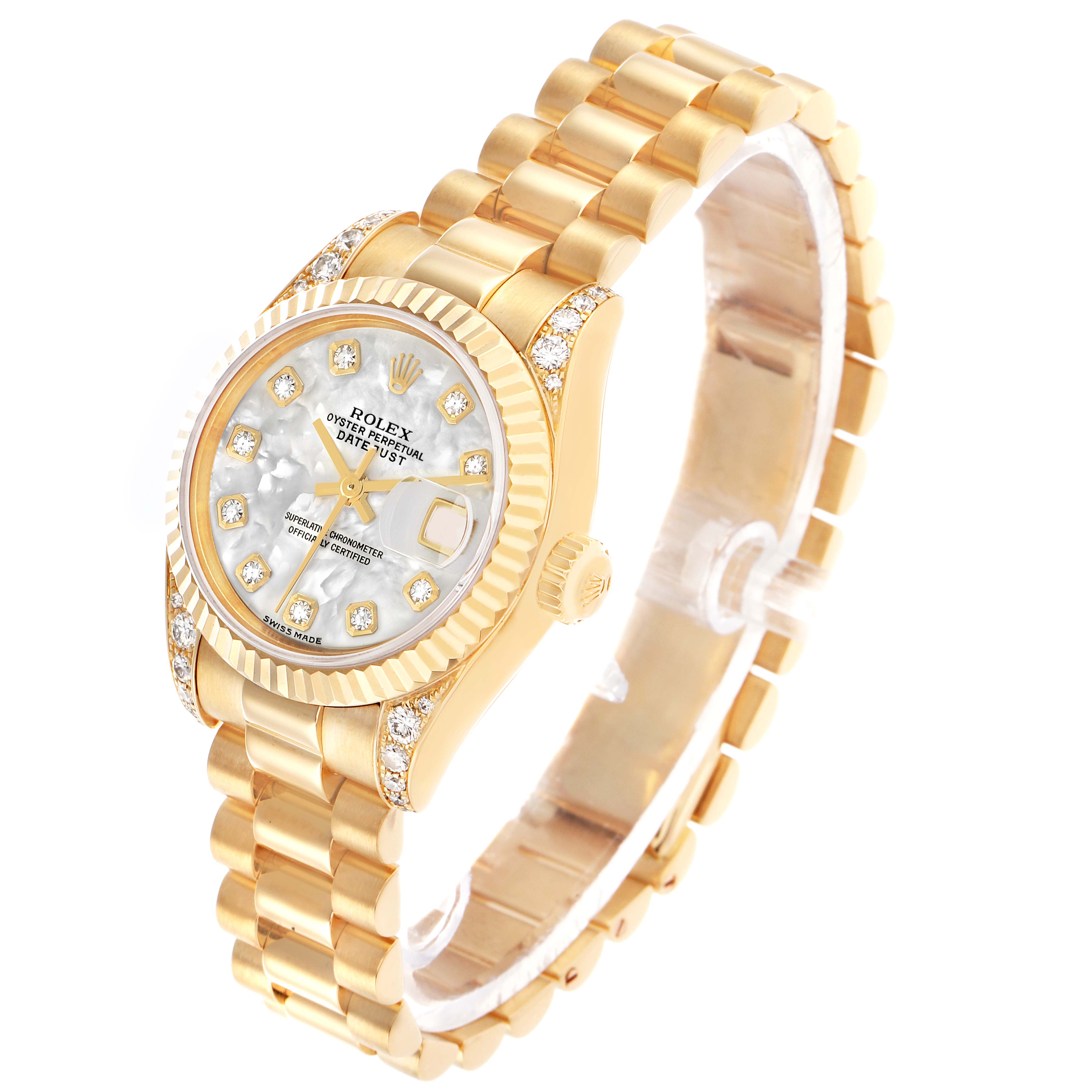 The Rolex President 179238 Women's Yellow Gold Mother of Pearl Dial model watch is shown from a three-quarter angle, highlighting its bracelet, bezel, and dial.