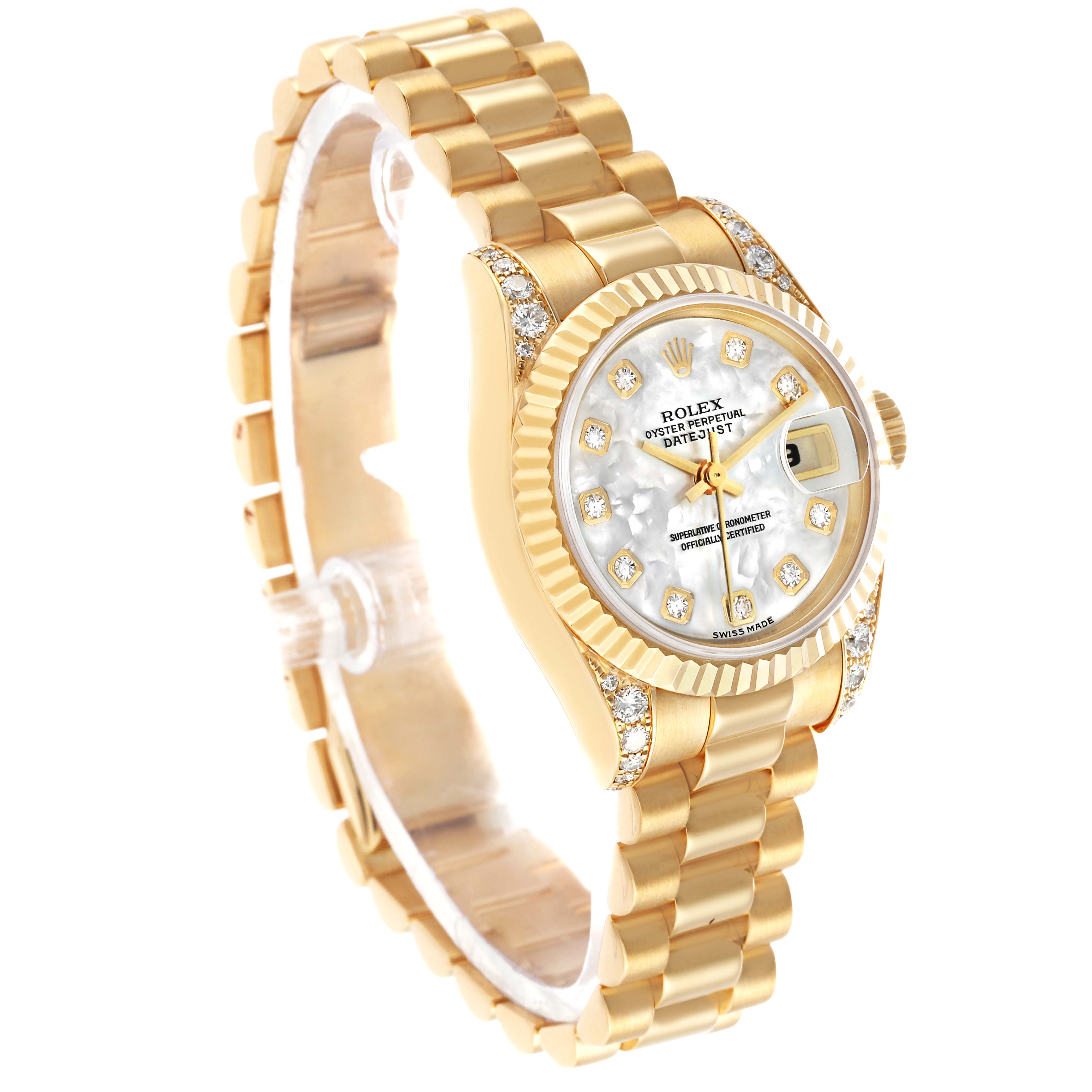 The Rolex President 179238 Women's Yellow Gold Mother of Pearl Dial model is shown at a slight angle from the front, highlighting the bracelet, bezel, and diamond markers.