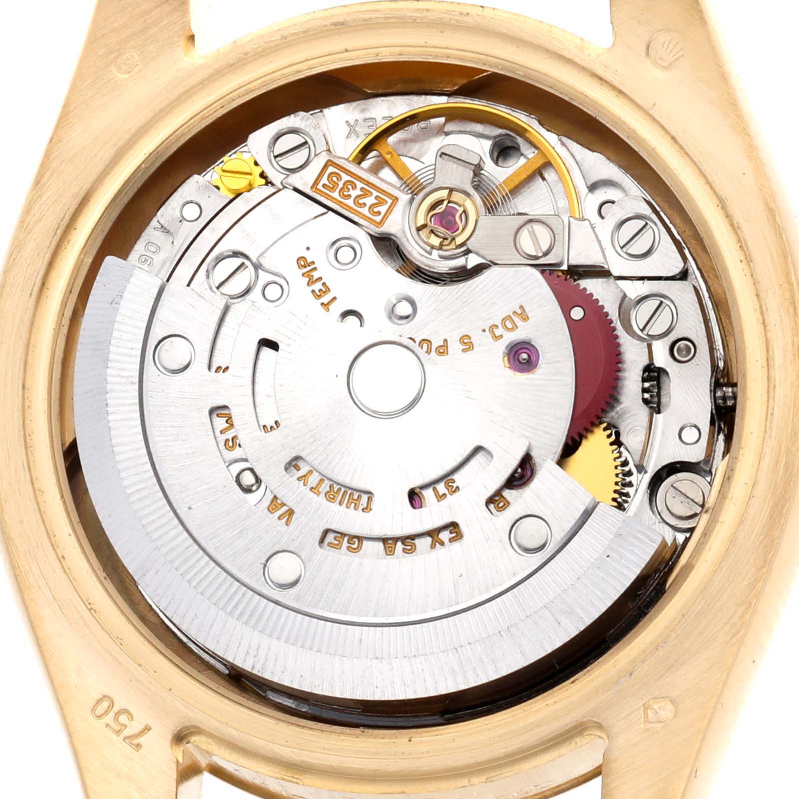 The image shows the movement and mechanics of a Rolex President 179238 Women's Yellow Gold Mother of Pearl Dial model watch from a top-down angle.