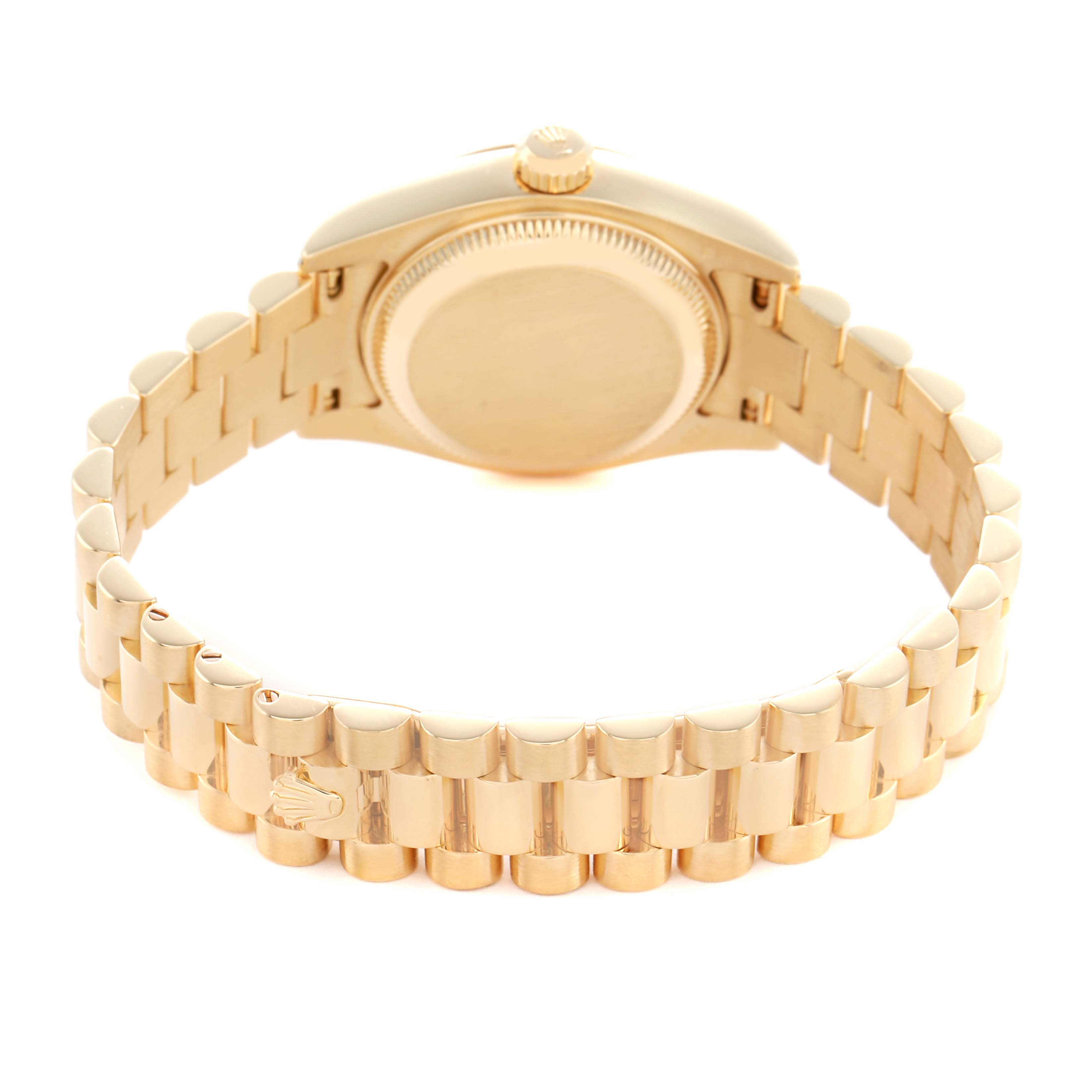 The image shows the back and bracelet of the Rolex President 179238 Women's Yellow Gold Mother of Pearl Dial model watch from a rear angle.