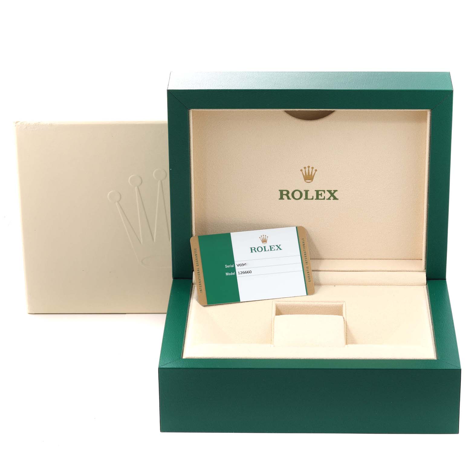 The image shows the open box and certificate card for a Rolex Sea-Dweller 126660 Men's Stainless Steel Blue Dial 126660 Men's Stainless Steel Blue Dial watch, model 126660.