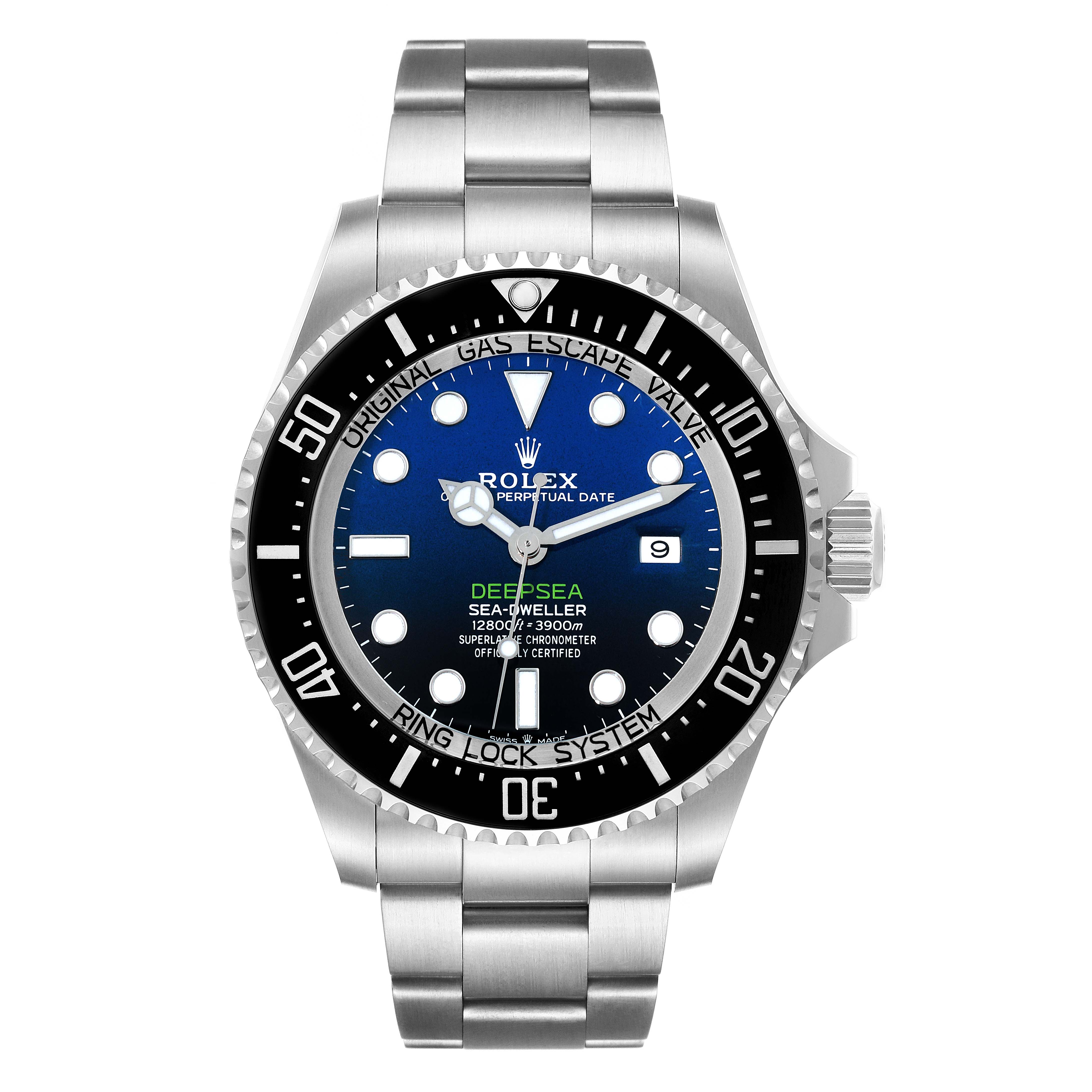 This is a front view of the Rolex Sea-Dweller 126660 Men's Stainless Steel Blue Dial 126660 Men's Stainless Steel Blue Dial Deepsea watch, showing the watch face, bezel, and stainless steel bracelet.