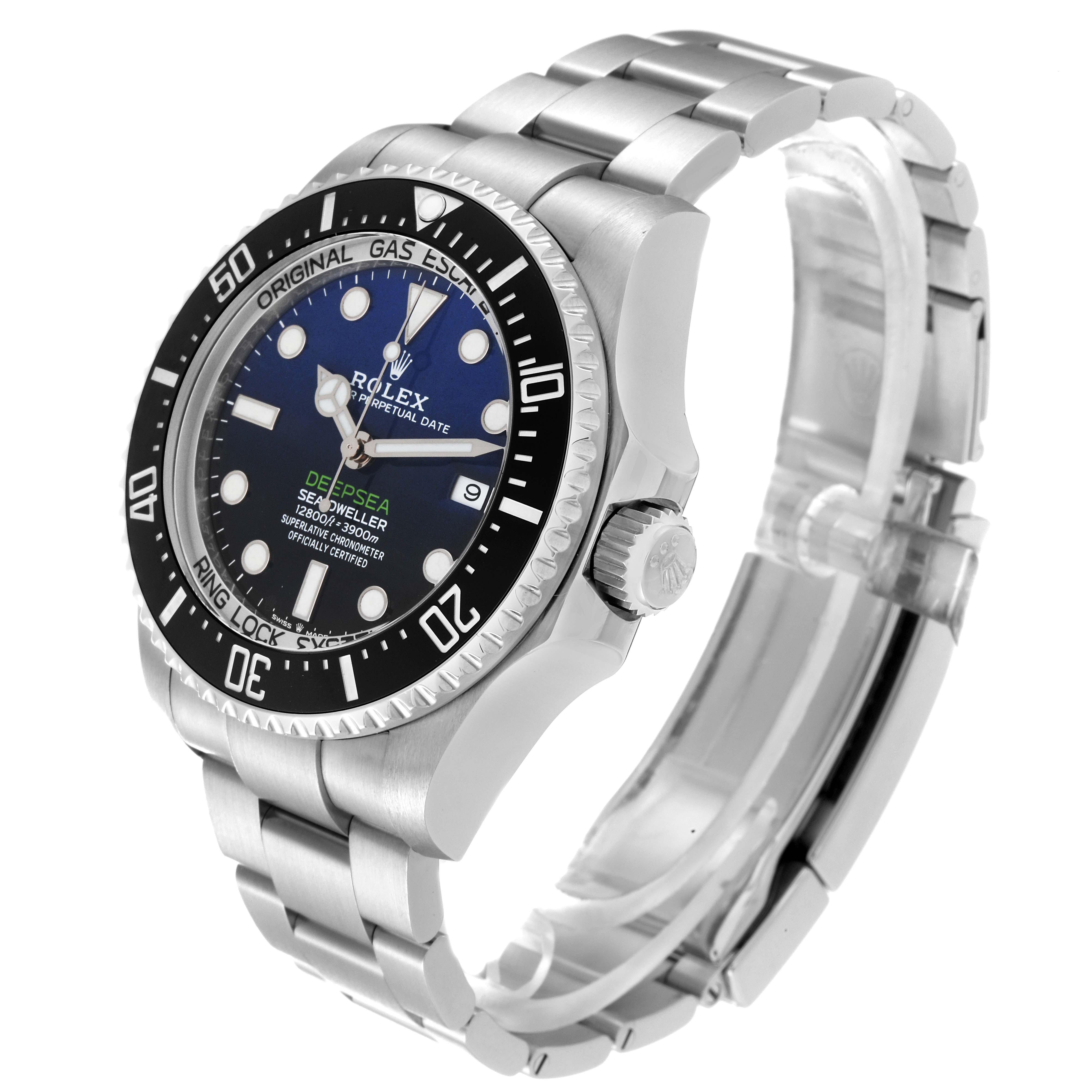 The image shows a side and angled view of a Rolex Sea-Dweller 126660 Men's Stainless Steel Blue Dial 126660 Men's Stainless Steel Blue Dial watch, highlighting its case, dial, bezel, and bracelet.