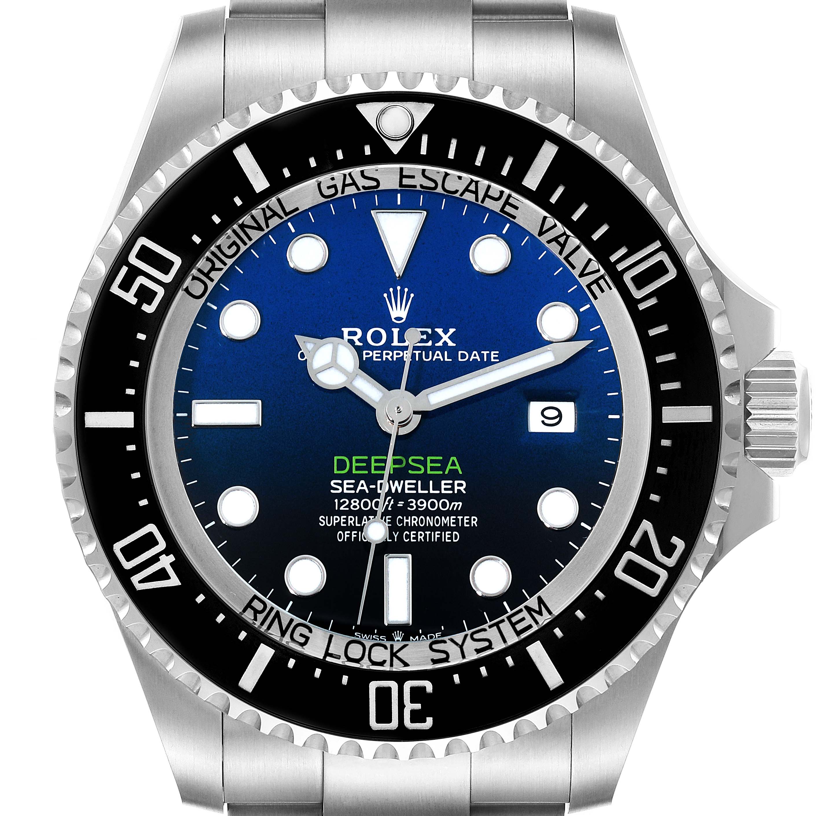 This image shows a front view of the Rolex Sea-Dweller 126660 Men's Stainless Steel Blue Dial 126660 Men's Stainless Steel Blue Dial Deepsea watch, highlighting its dial, bezel, and bracelet.