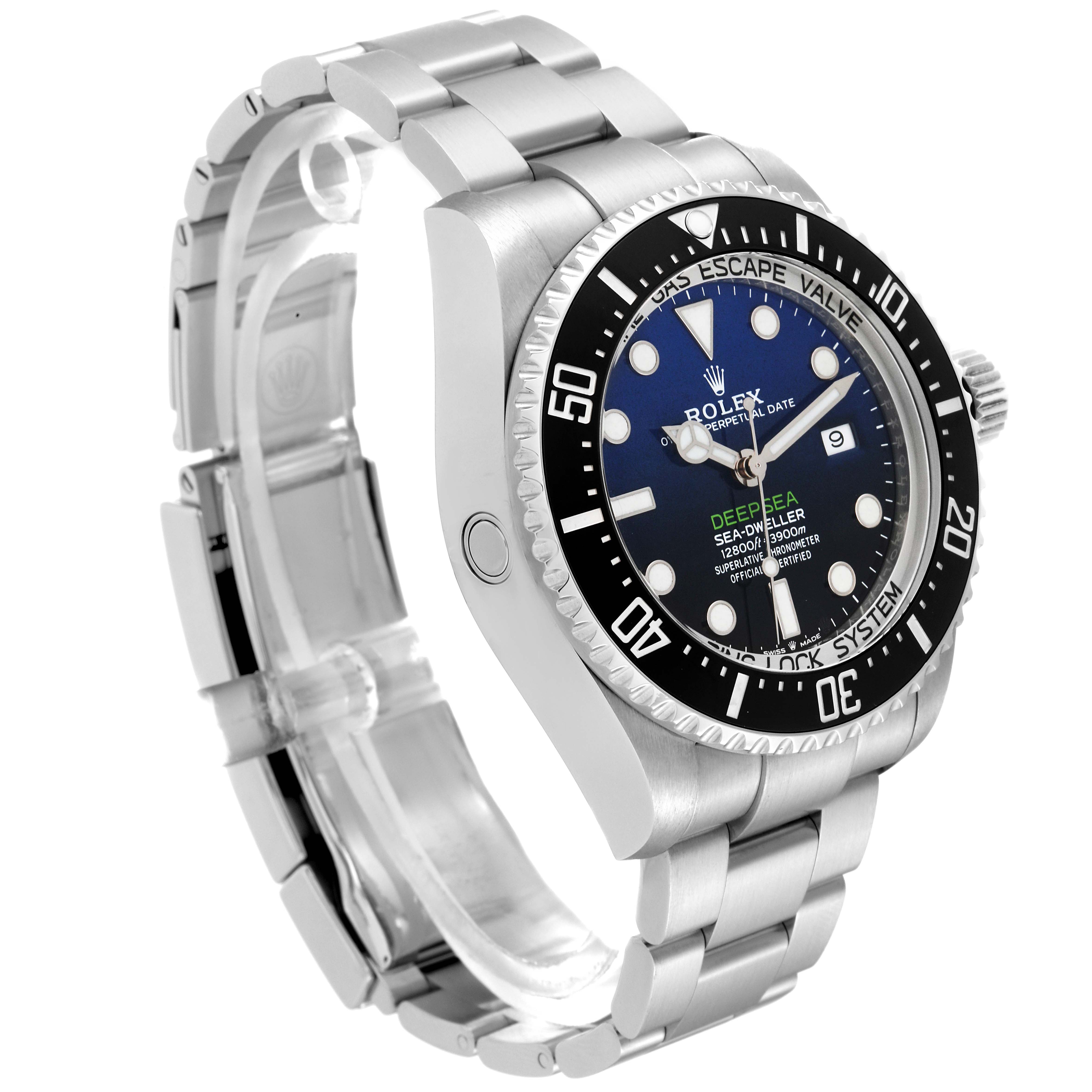 This image shows a Rolex Sea-Dweller 126660 Men's Stainless Steel Blue Dial 126660 Men's Stainless Steel Blue Dial watch, highlighting the face, bezel, crown, and part of the bracelet at a three-quarter angle.