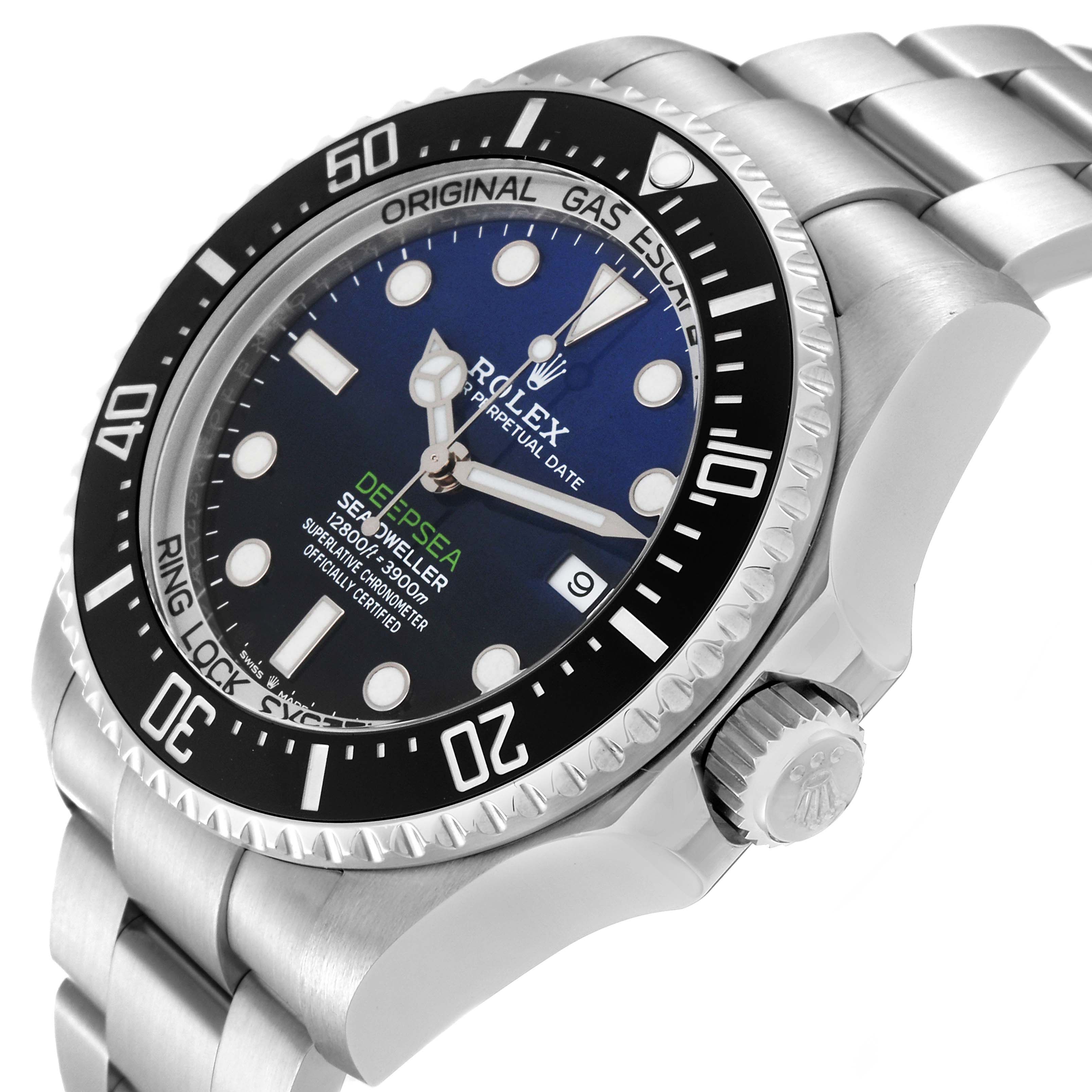 This image shows a close-up, angled view of the Rolex Sea-Dweller 126660 Men's Stainless Steel Blue Dial 126660 Men's Stainless Steel Blue Dial watch, highlighting the dial, bezel, crown, and part of the bracelet.