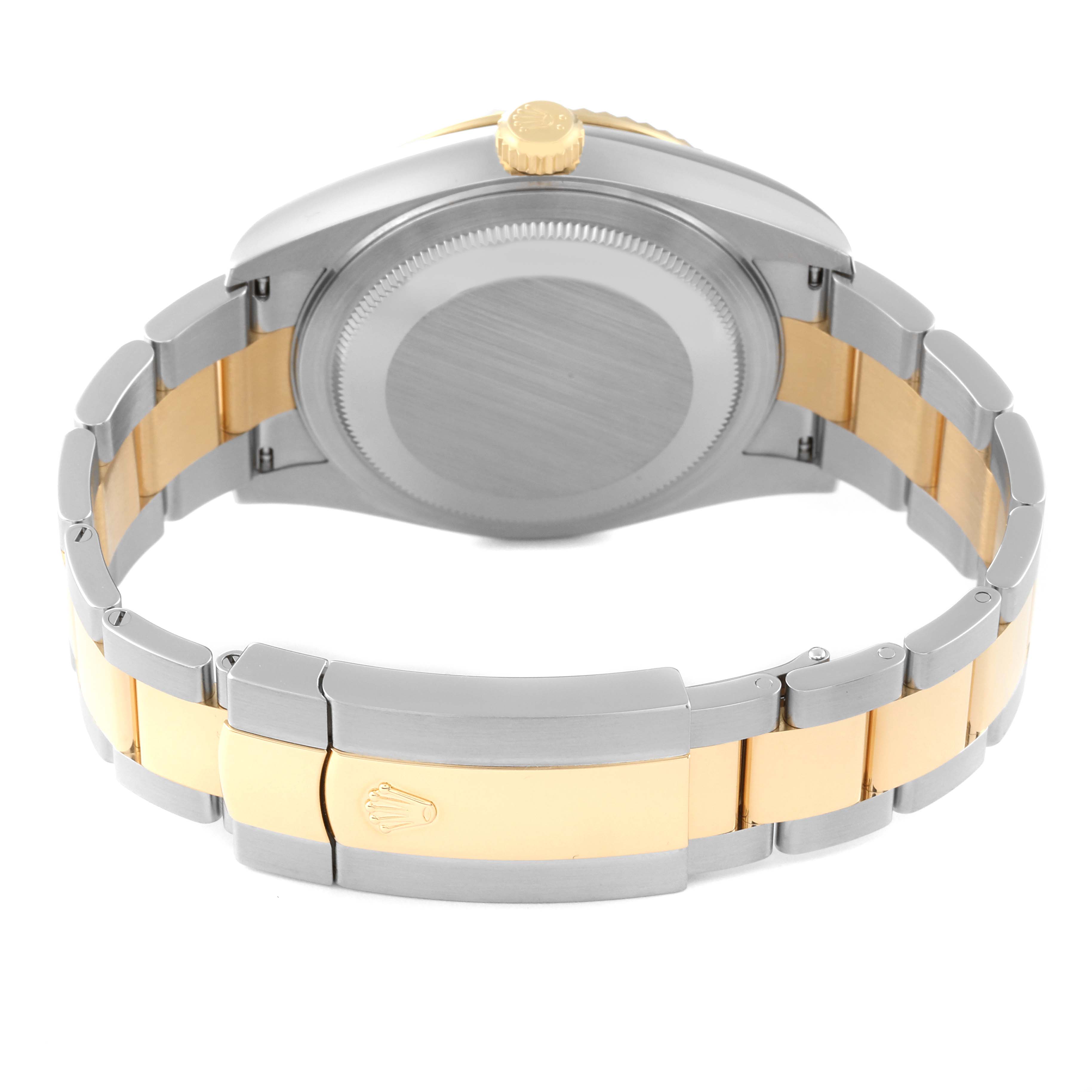 This image shows the back of a Rolex Sky-Dweller 326933 Men
s Steel and Gold (two tone) Black Dial 326933 Men
s Steel and Gold (two tone) Black Dial watch, highlighting the clasp and bracelet with its two-tone design.