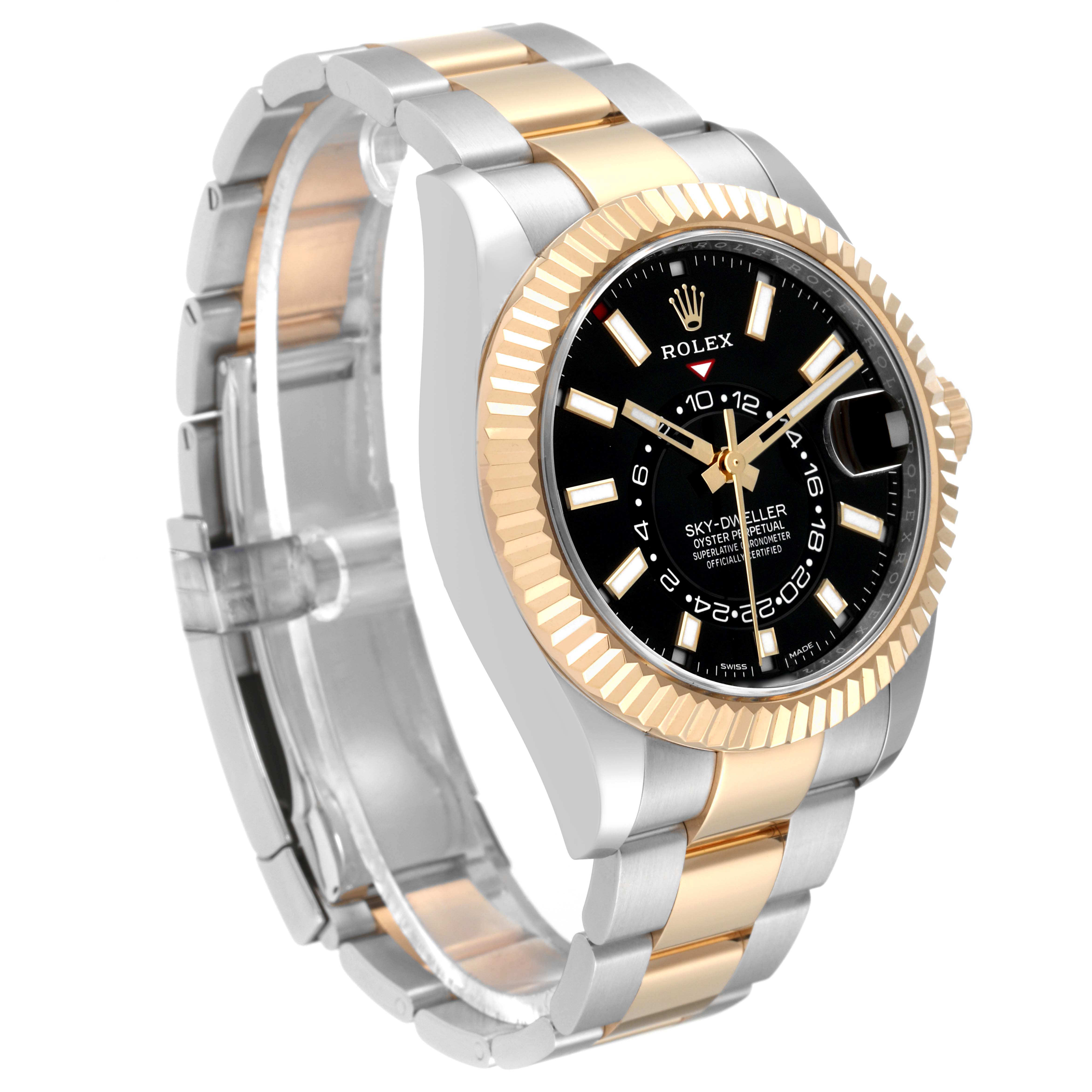 This image shows a Rolex Sky-Dweller 326933 Men
s Steel and Gold (two tone) Black Dial 326933 Men
s Steel and Gold (two tone) Black Dial watch at a three-quarter angle, highlighting its two-tone bracelet, fluted bezel, and black dial.