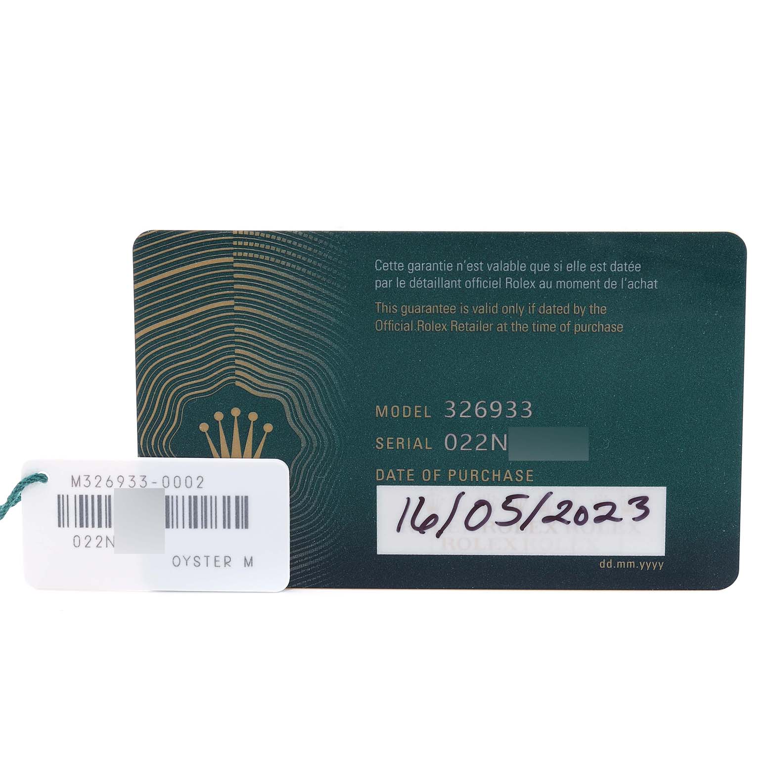 The image shows the warranty card for a Rolex Sky-Dweller 326933 Men
s Steel and Gold (two tone) Black Dial 326933 Men
s Steel and Gold (two tone) Black Dial, displaying the model, serial number, and date of purchase.