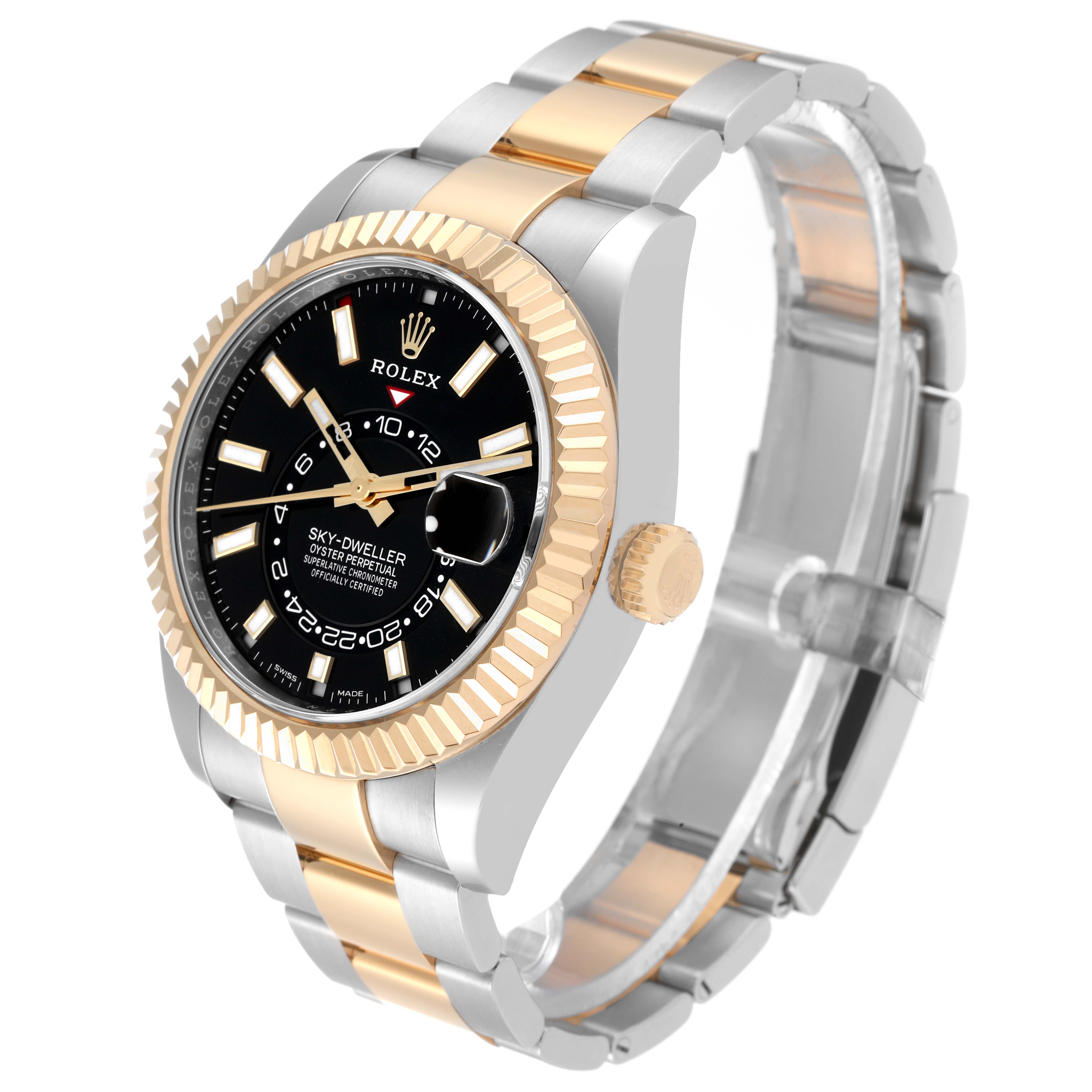The image shows a Rolex Sky-Dweller 326933 Men
s Steel and Gold (two tone) Black Dial 326933 Men
s Steel and Gold (two tone) Black Dial watch at a three-quarter angle, highlighting the face, bezel, crown, and bracelet.