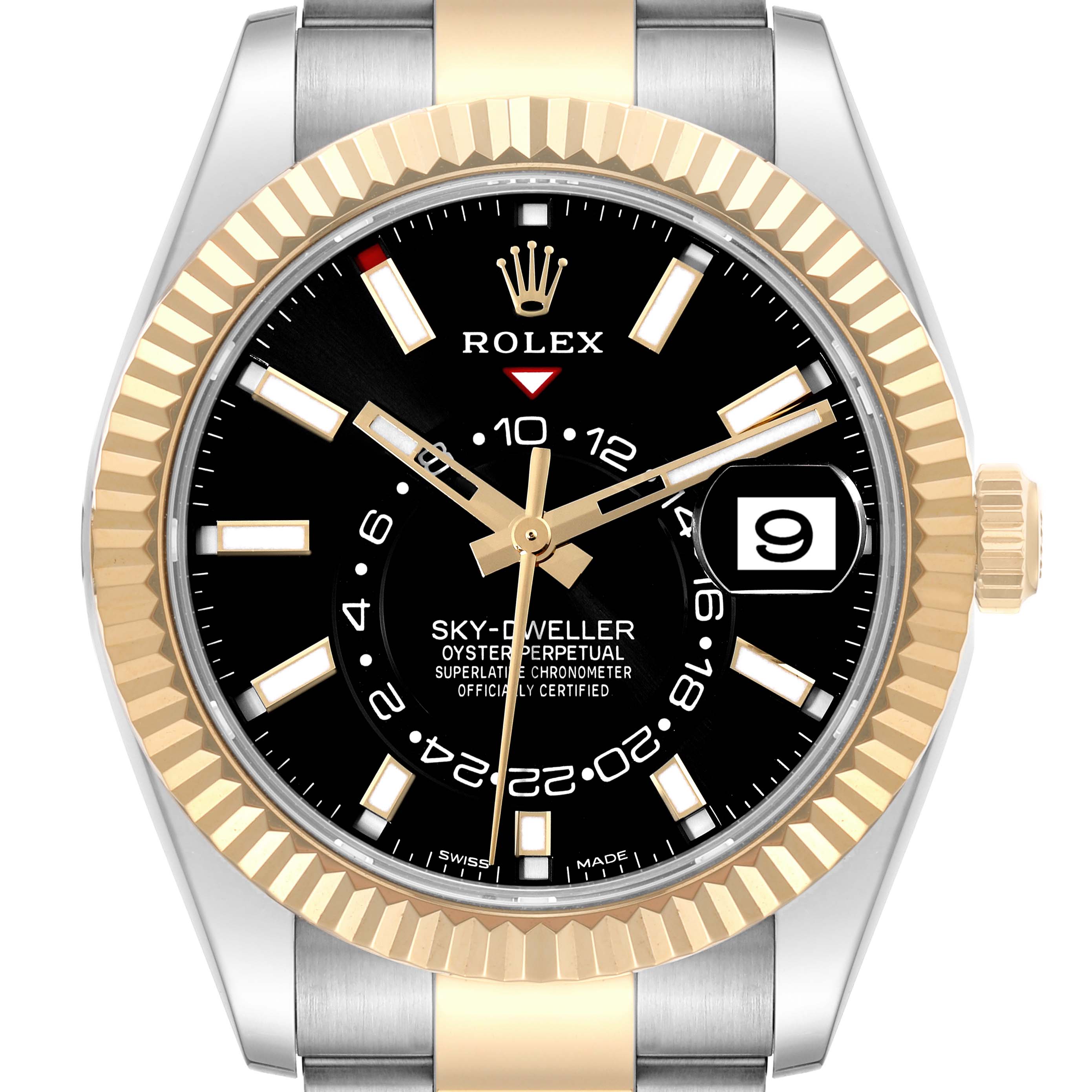 The image shows a front view of a Rolex Sky-Dweller 326933 Men
s Steel and Gold (two tone) Black Dial 326933 Men
s Steel and Gold (two tone) Black Dial watch, highlighting its black dial, gold fluted bezel, and date window.