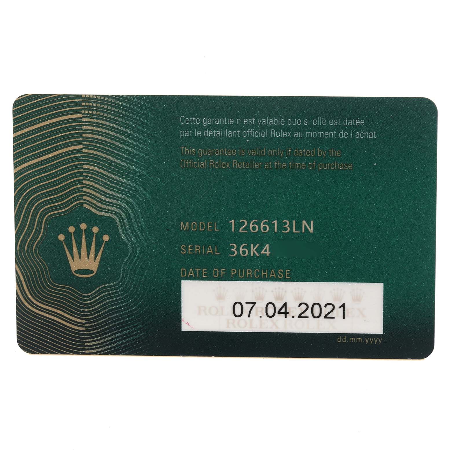 This image shows the warranty card for a Rolex Submariner 126613 Men's Steel and Gold (two tone) Black Dial 126613 Men's Steel and Gold (two tone) Black Dial model 126613LN, including the purchase date and serial number.
