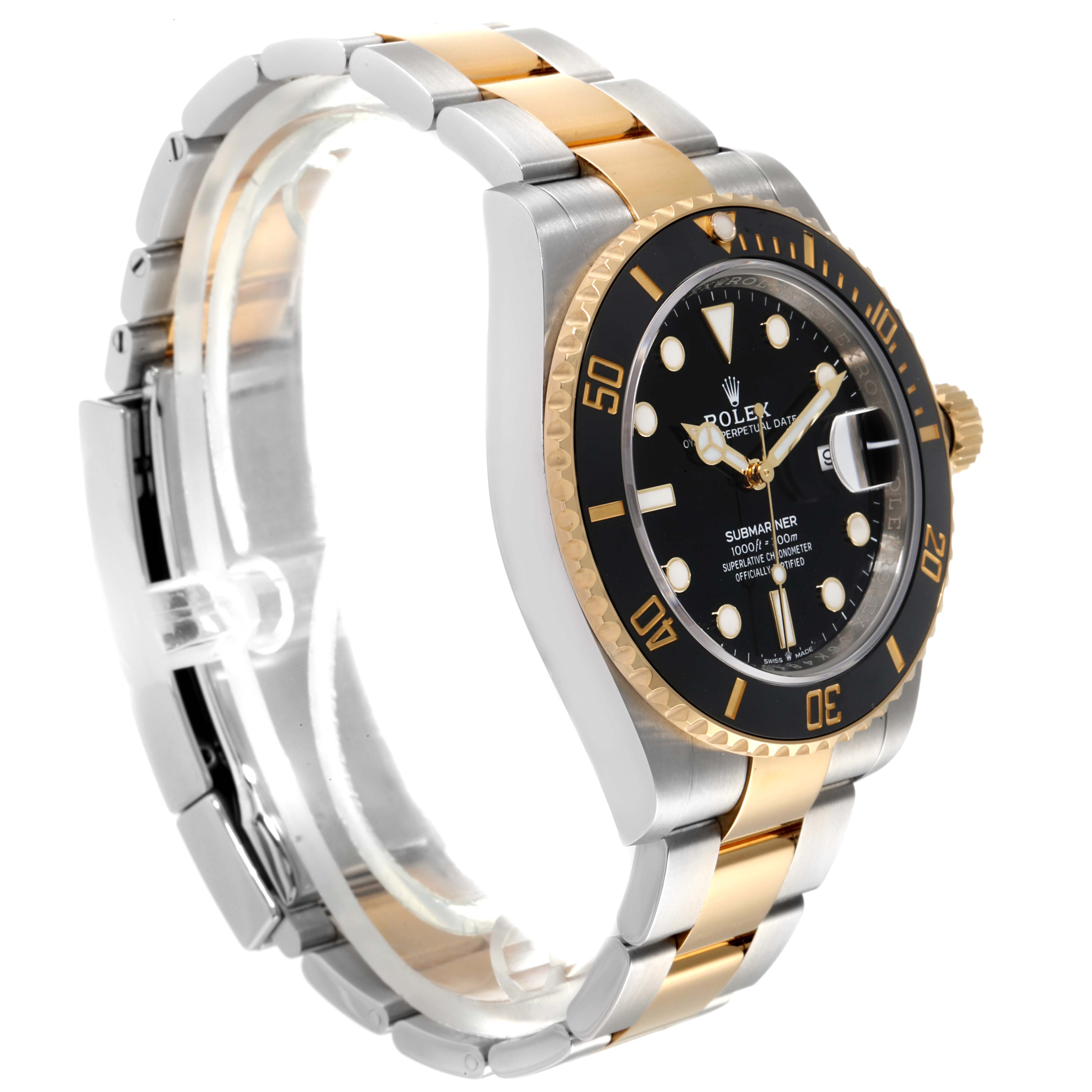 The image shows a side angle of the Rolex Submariner 126613 Men's Steel and Gold (two tone) Black Dial 126613 Men's Steel and Gold (two tone) Black Dial watch, highlighting its bracelet and bezel.
