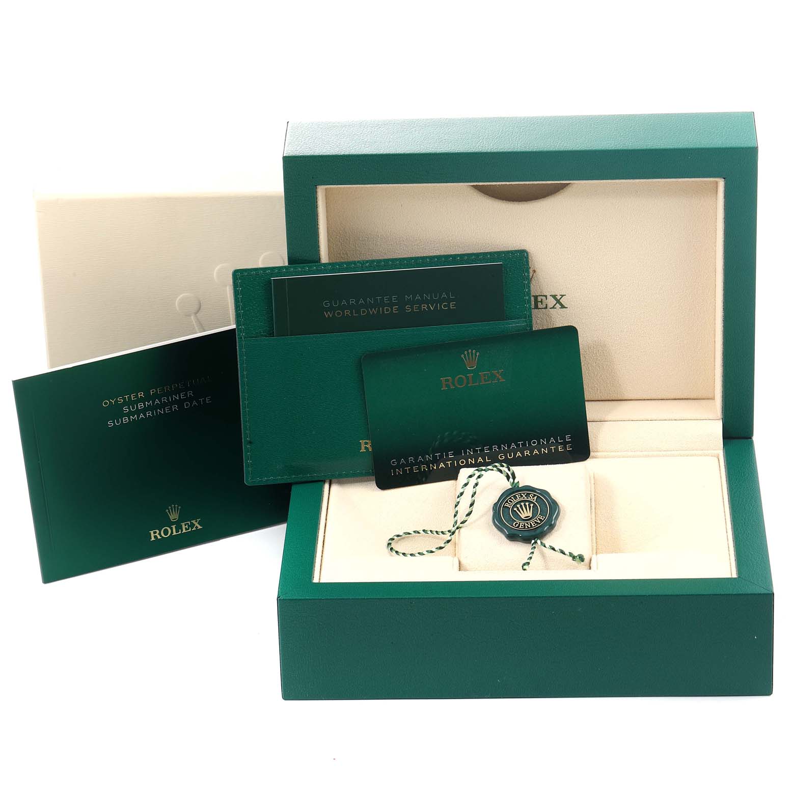 The image shows the packaging, guarantee cards, and booklet for a Rolex Submariner 126613 Men's Steel and Gold (two tone) Black Dial 126613 Men's Steel and Gold (two tone) Black Dial watch.