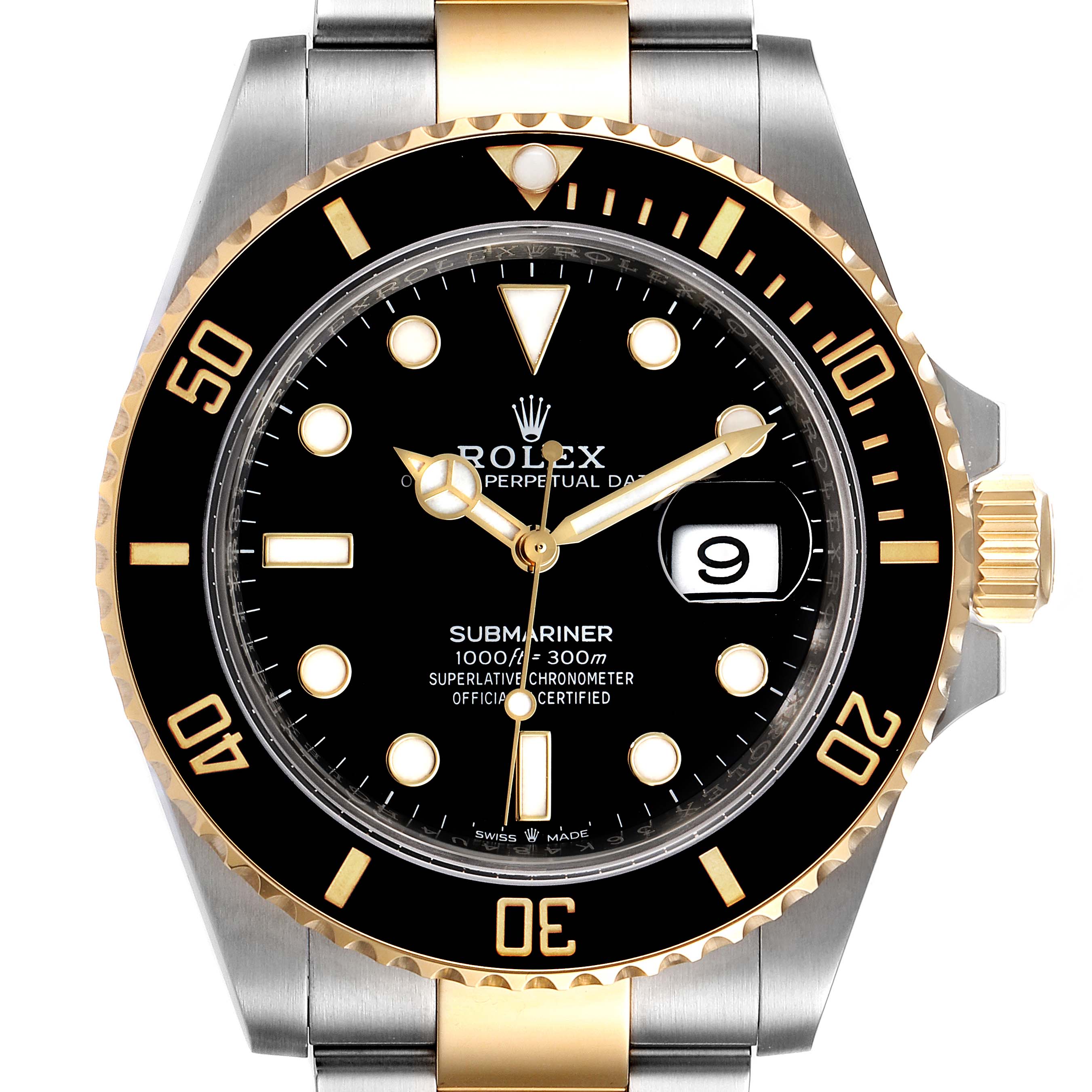 This image shows a front view of the Rolex Submariner 126613 Men's Steel and Gold (two tone) Black Dial 126613 Men's Steel and Gold (two tone) Black Dial watch, highlighting its dial, bezel, and partially the bracelet.