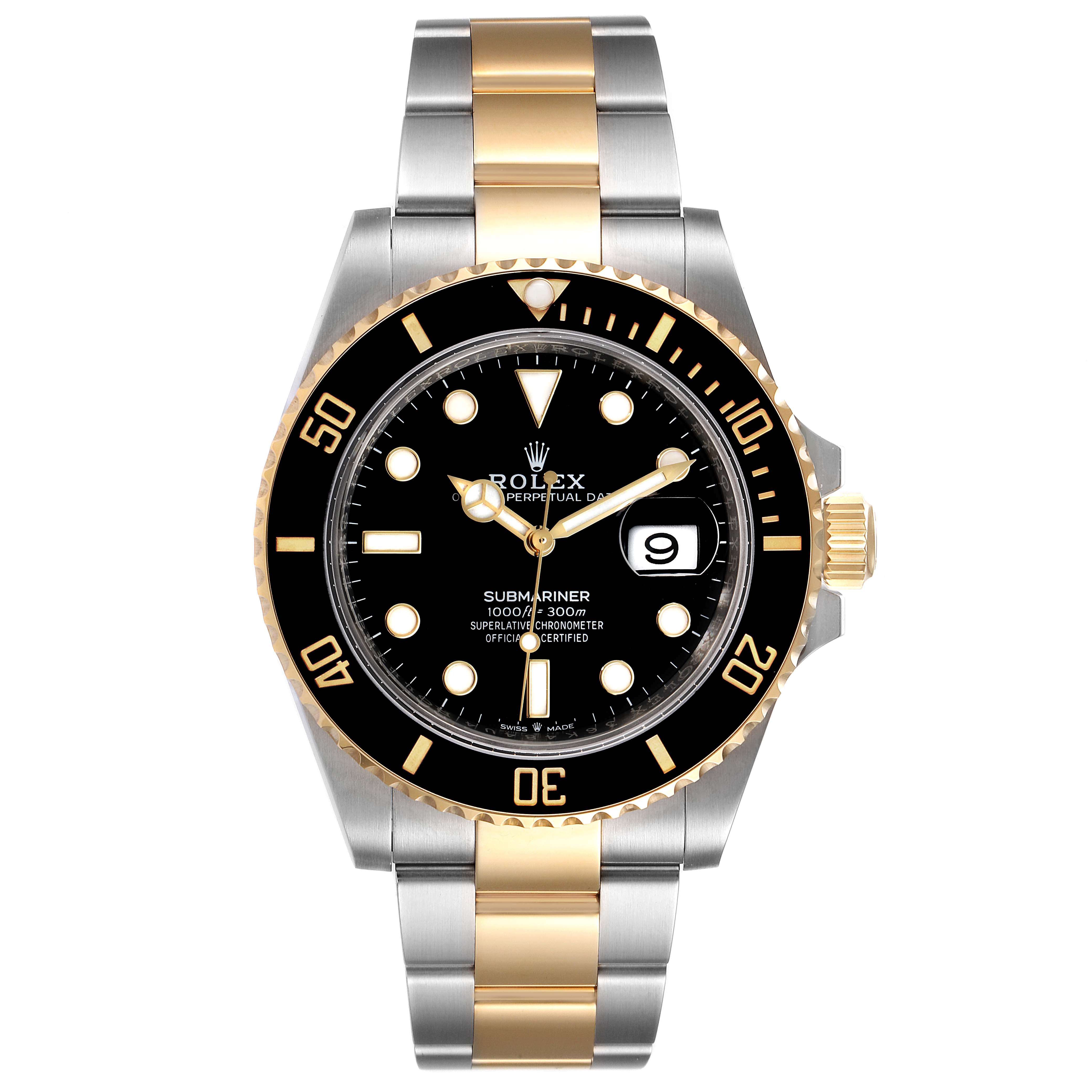 This Rolex Submariner 126613 Men's Steel and Gold (two tone) Black Dial 126613 Men's Steel and Gold (two tone) Black Dial watch is shown from the front, displaying its black dial, gold and silver bracelet, and date window.