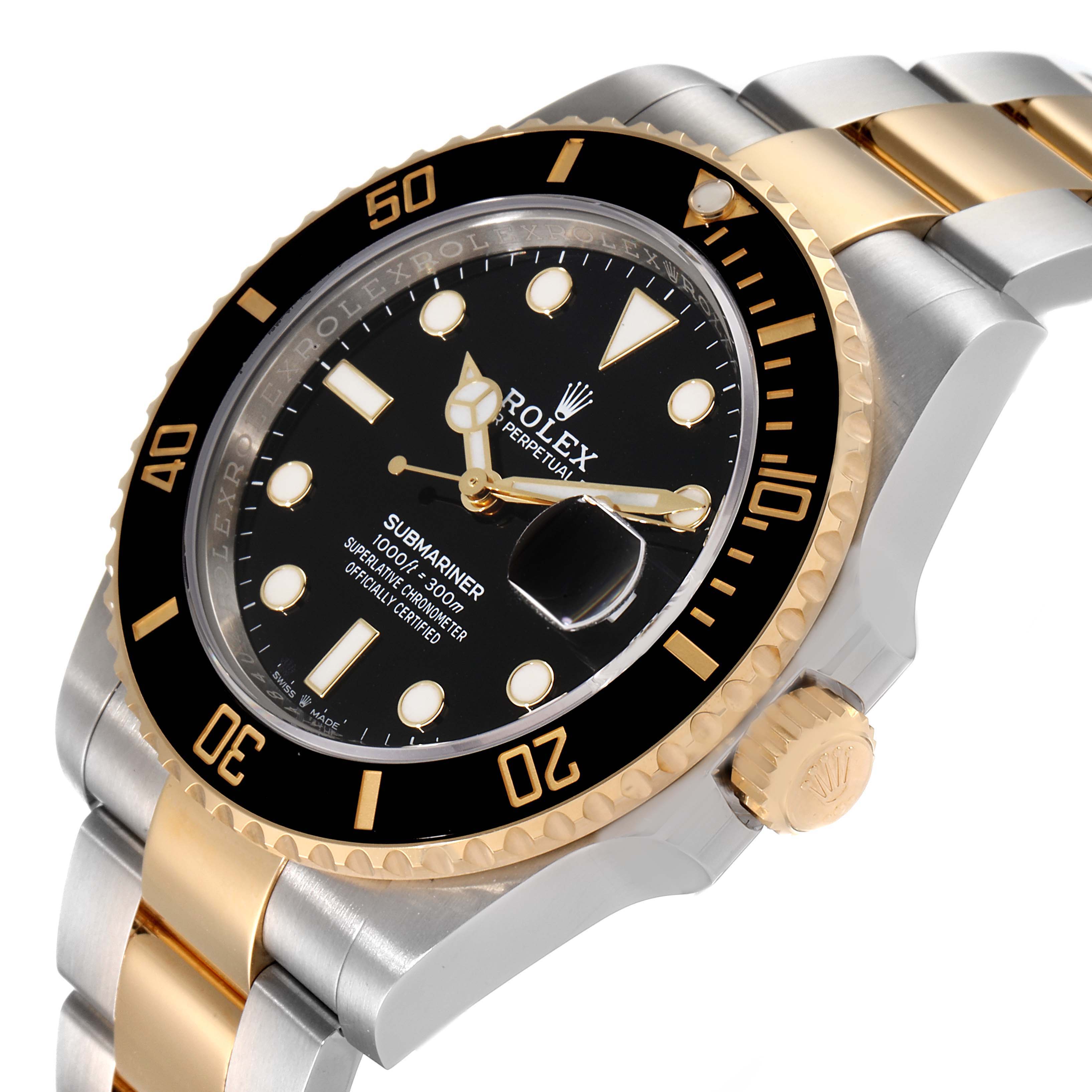 The image shows a close-up of a Rolex Submariner 126613 Men's Steel and Gold (two tone) Black Dial 126613 Men's Steel and Gold (two tone) Black Dial watch, focusing on the dial, bezel, crown, and part of the bracelet at an angle.