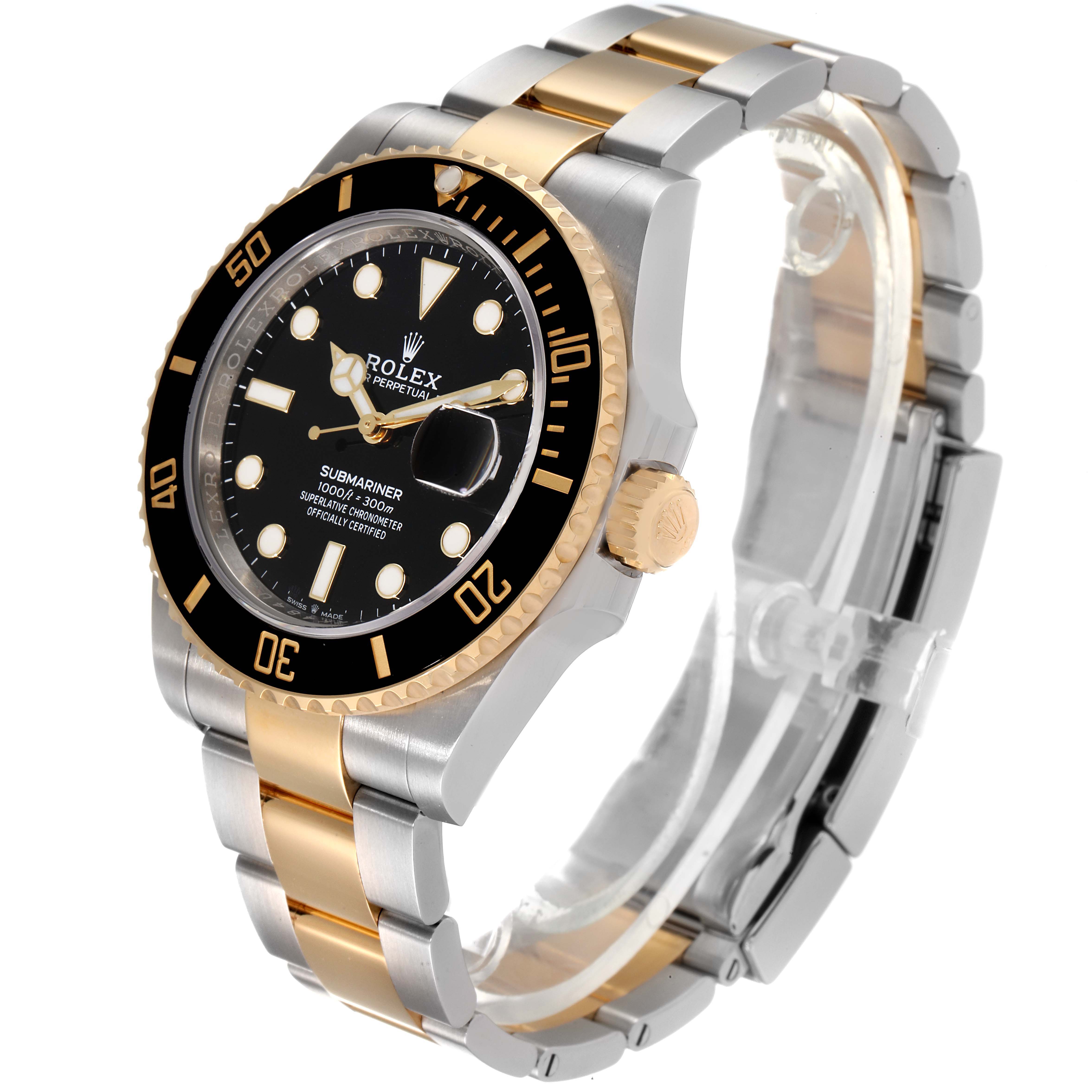 The image shows a Rolex Submariner 126613 Men's Steel and Gold (two tone) Black Dial 126613 Men's Steel and Gold (two tone) Black Dial watch at a three-quarter angle, highlighting its black dial, bezel, and two-tone bracelet.