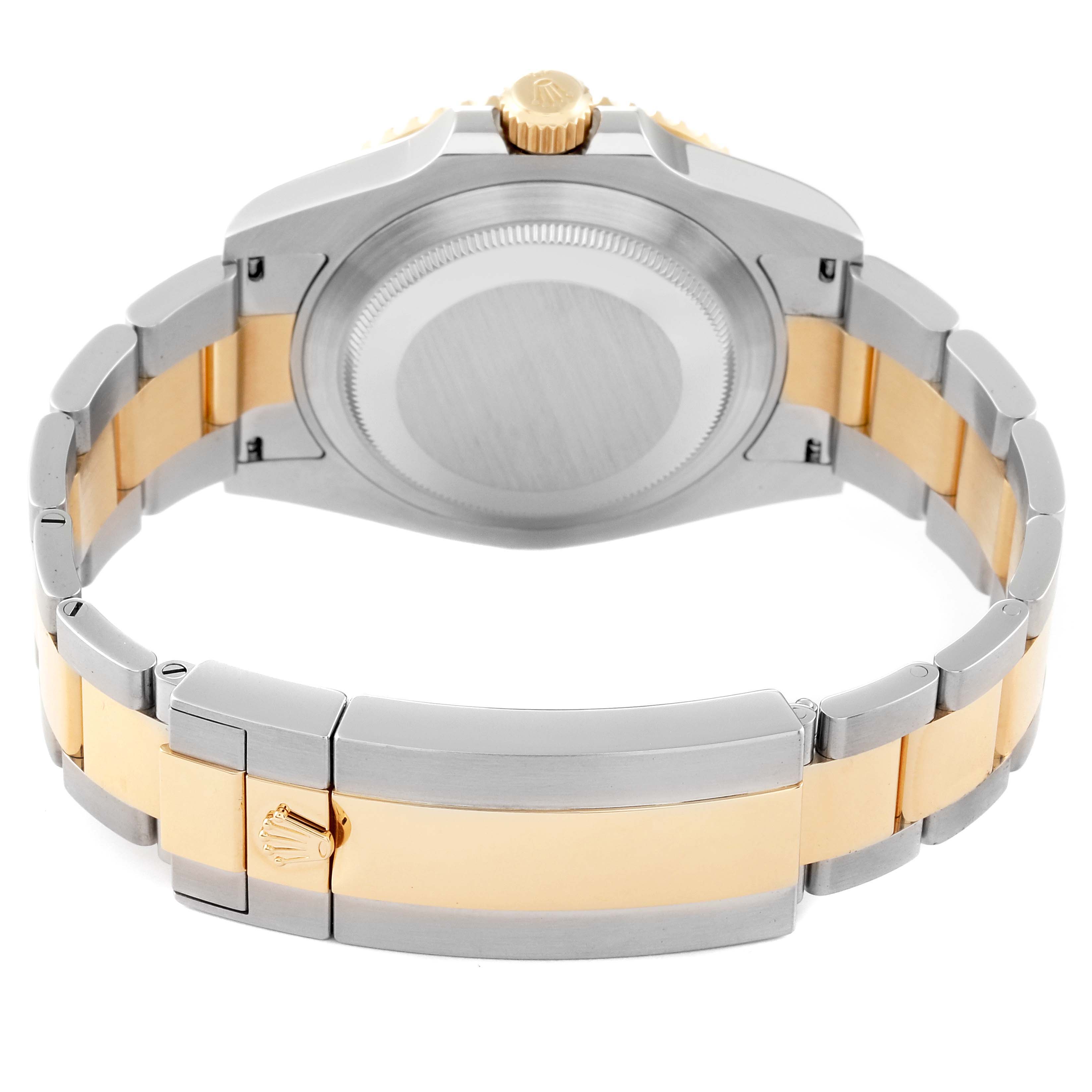 This image of the Rolex Submariner 126613LB Men's Steel and Gold (two tone) Blue Dial 126613LB Men's Steel and Gold (two tone) Blue Dial watch shows the back case and the two-tone bracelet with the clasp.