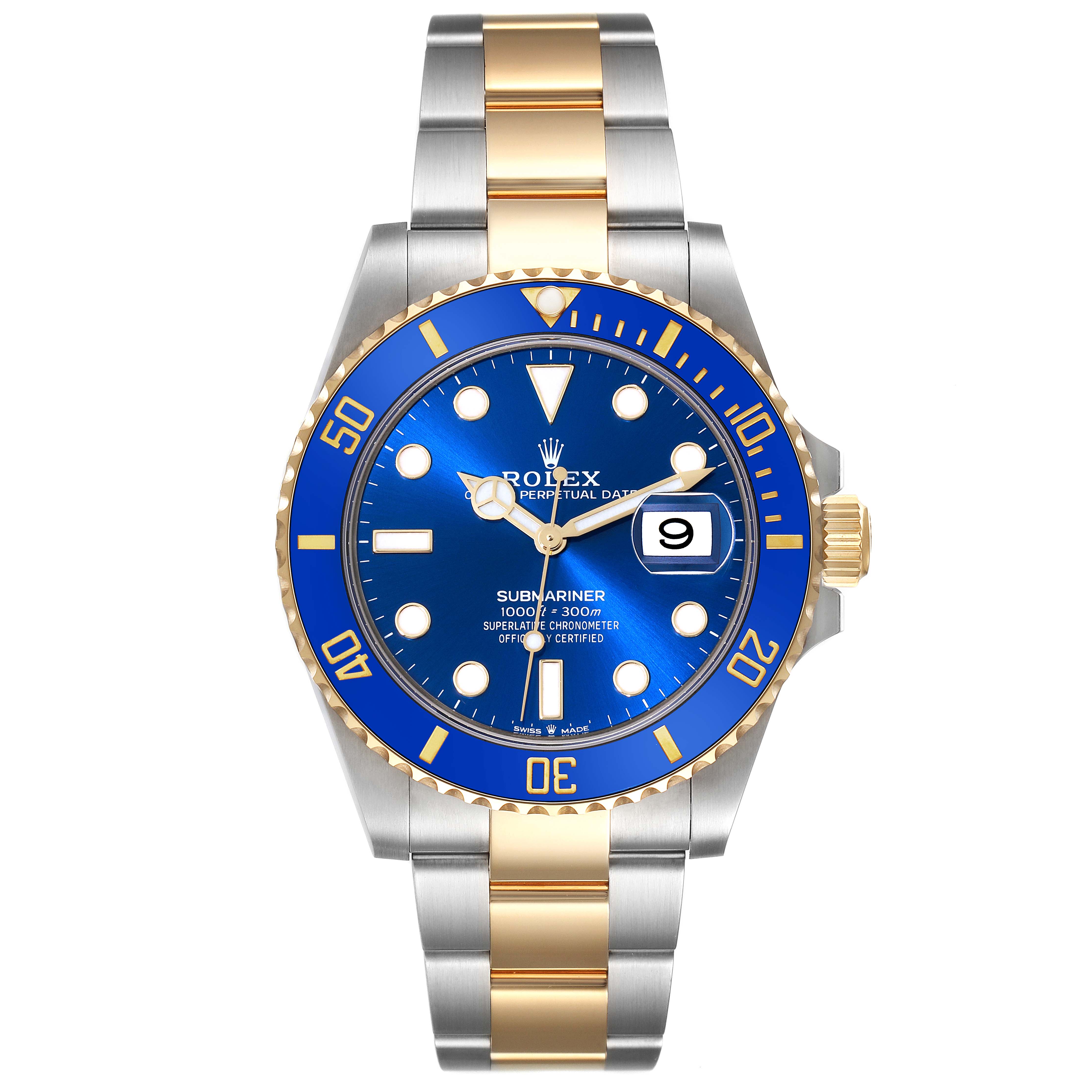 The image shows a front view of the Rolex Submariner 126613LB Men's Steel and Gold (two tone) Blue Dial 126613LB Men's Steel and Gold (two tone) Blue Dial watch, highlighting its blue bezel, dial, and two-tone metal bracelet.