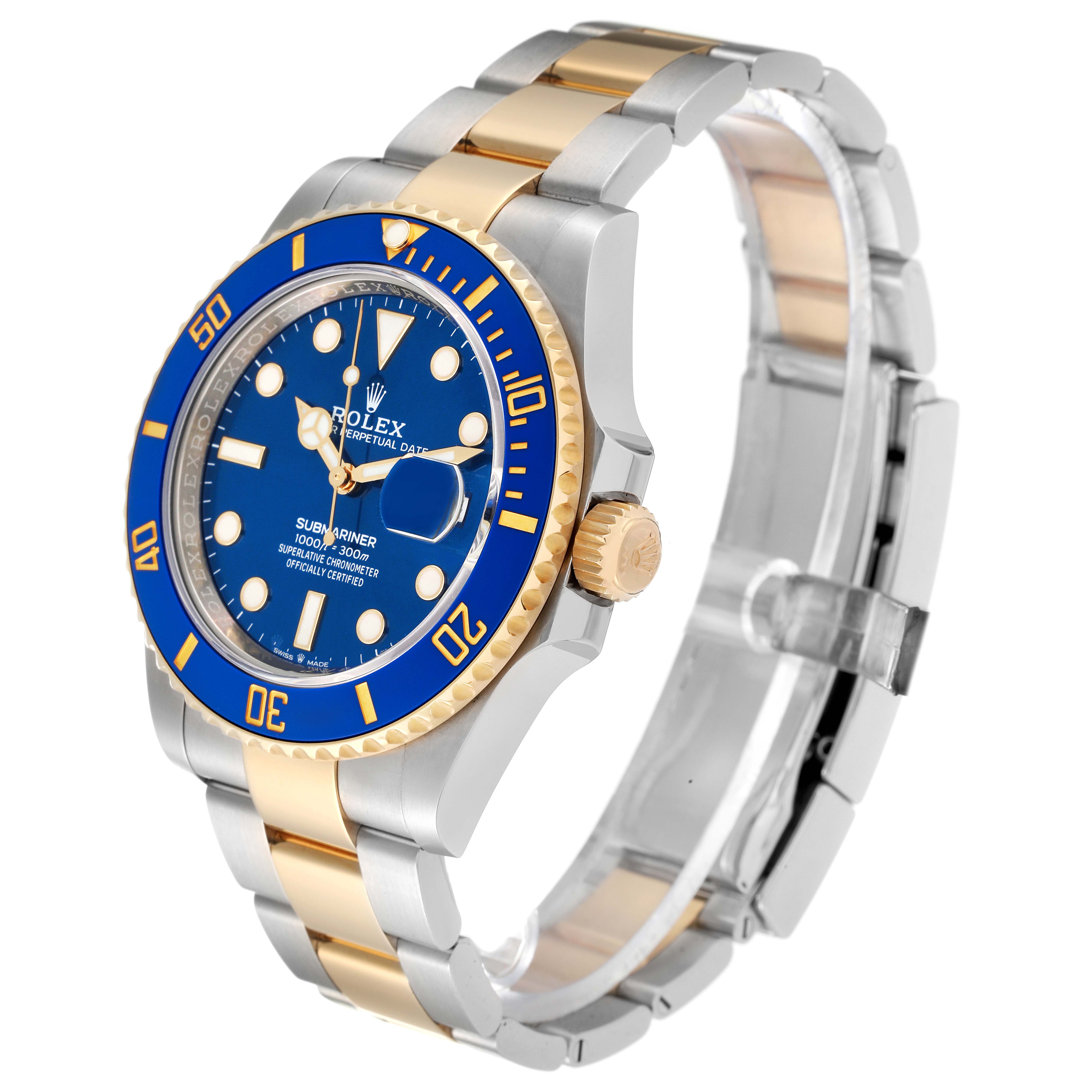 The image shows a Rolex Submariner 126613LB Men's Steel and Gold (two tone) Blue Dial 126613LB Men's Steel and Gold (two tone) Blue Dial watch at an angle displaying the face, bezel, crown, and bracelet.