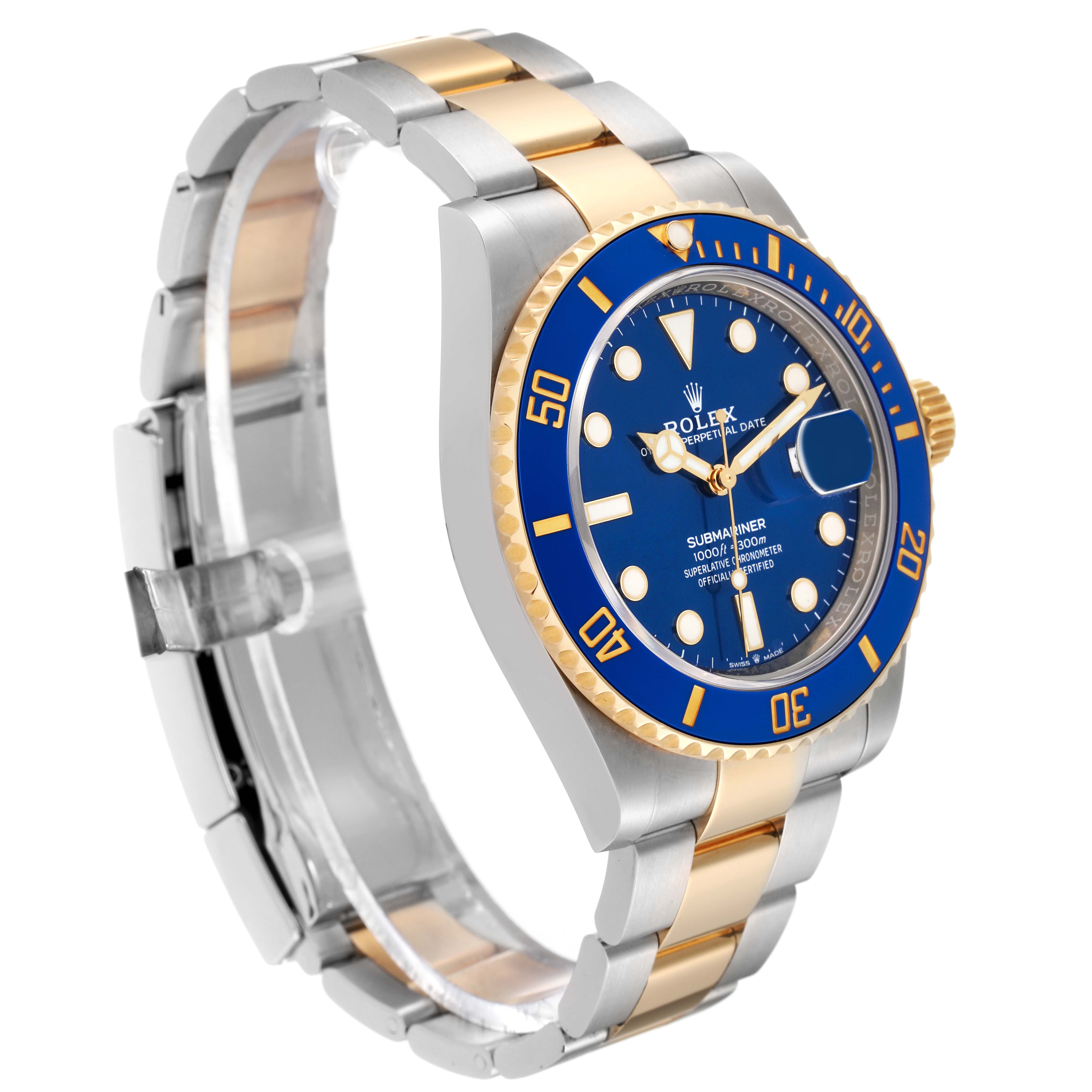The image shows a Rolex Submariner 126613LB Men's Steel and Gold (two tone) Blue Dial 126613LB Men's Steel and Gold (two tone) Blue Dial watch at a three-quarter angle, highlighting its blue dial, bezel, and two-tone stainless steel and gold bracelet.