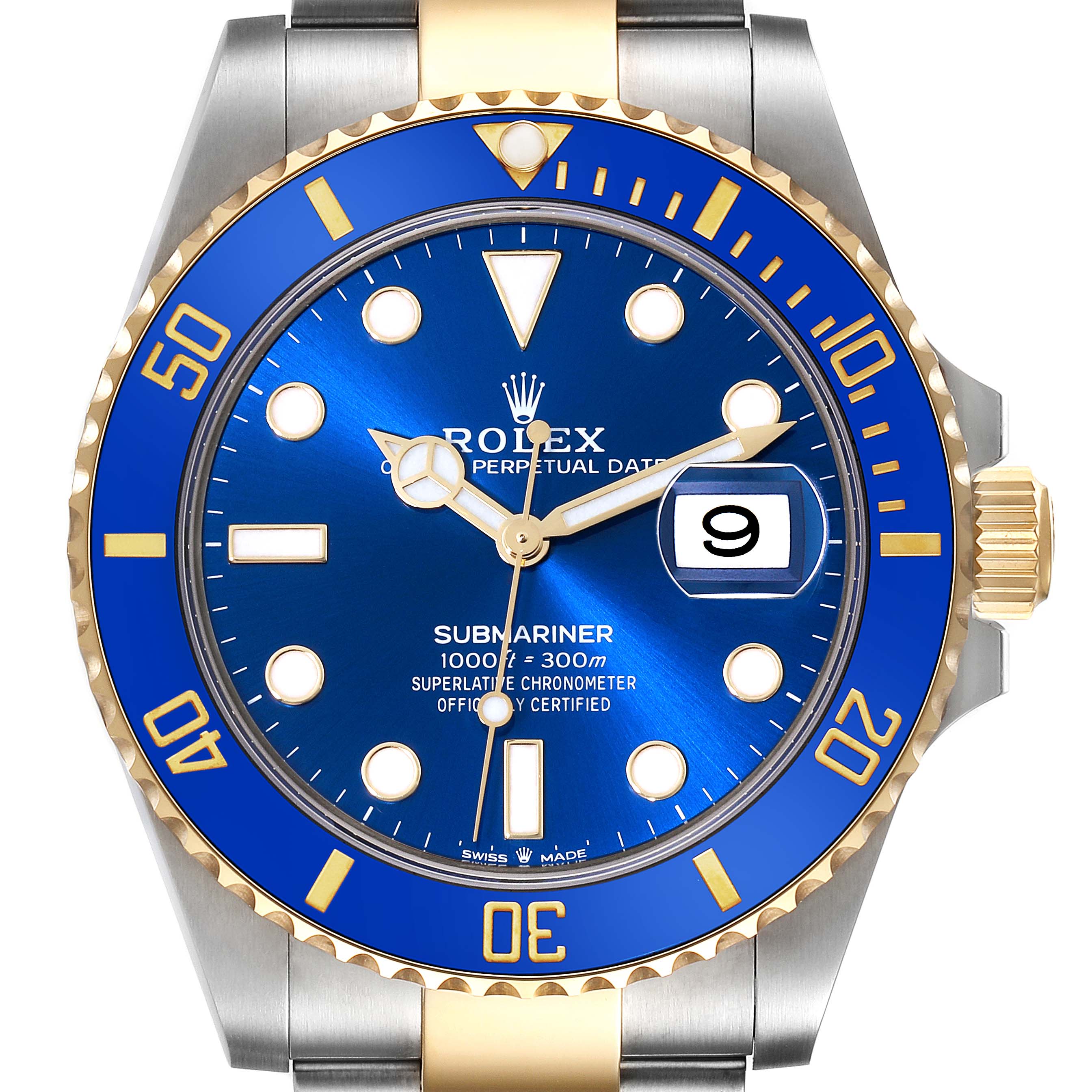 The image shows a front view of the Rolex Submariner 126613LB Men's Steel and Gold (two tone) Blue Dial 126613LB Men's Steel and Gold (two tone) Blue Dial watch, highlighting its blue dial, bezel, and date cyclops.