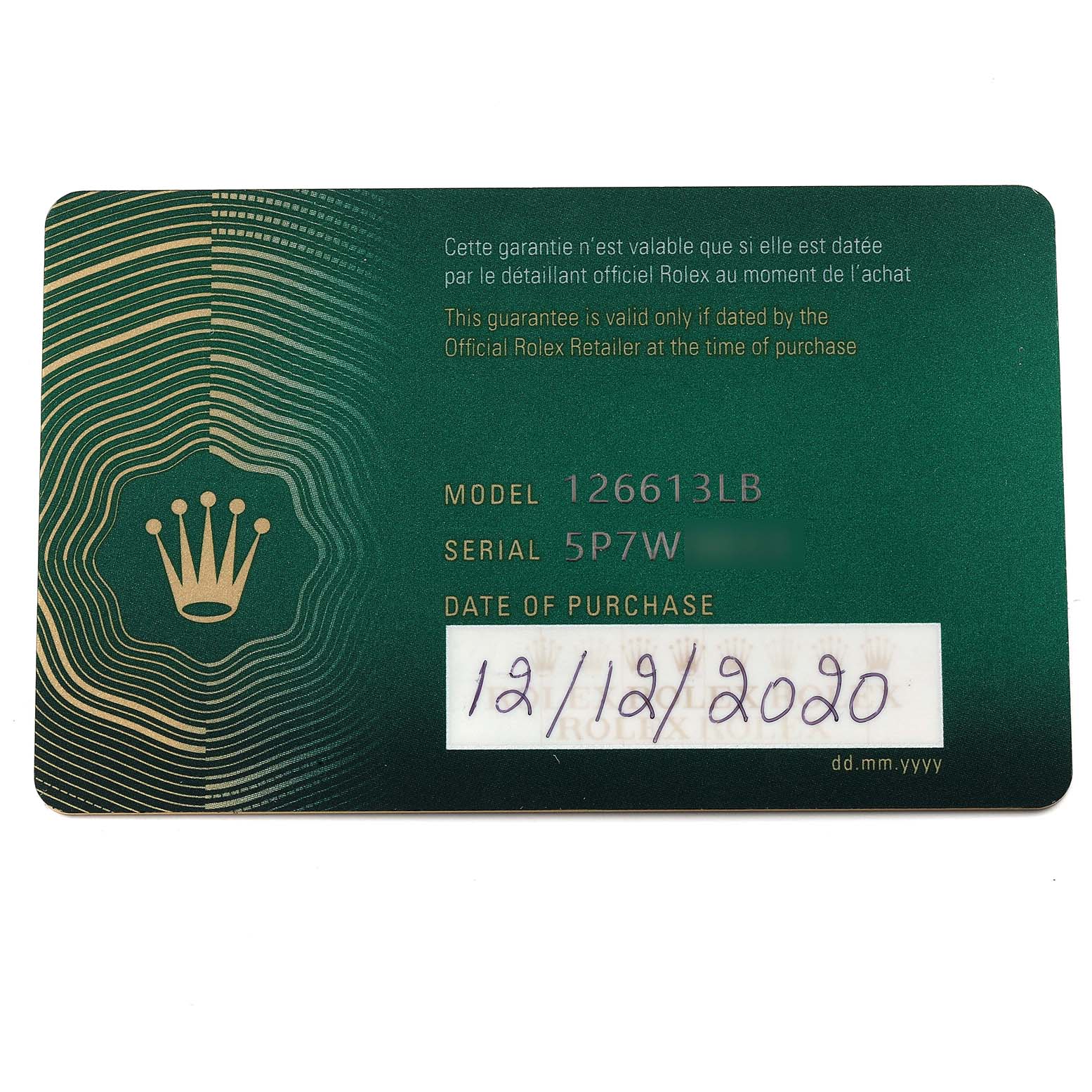 This image shows the warranty card for the Rolex Submariner 126613LB Men's Steel and Gold (two tone) Blue Dial 126613LB Men's Steel and Gold (two tone) Blue Dial model, listing its model, serial number, and date of purchase.
