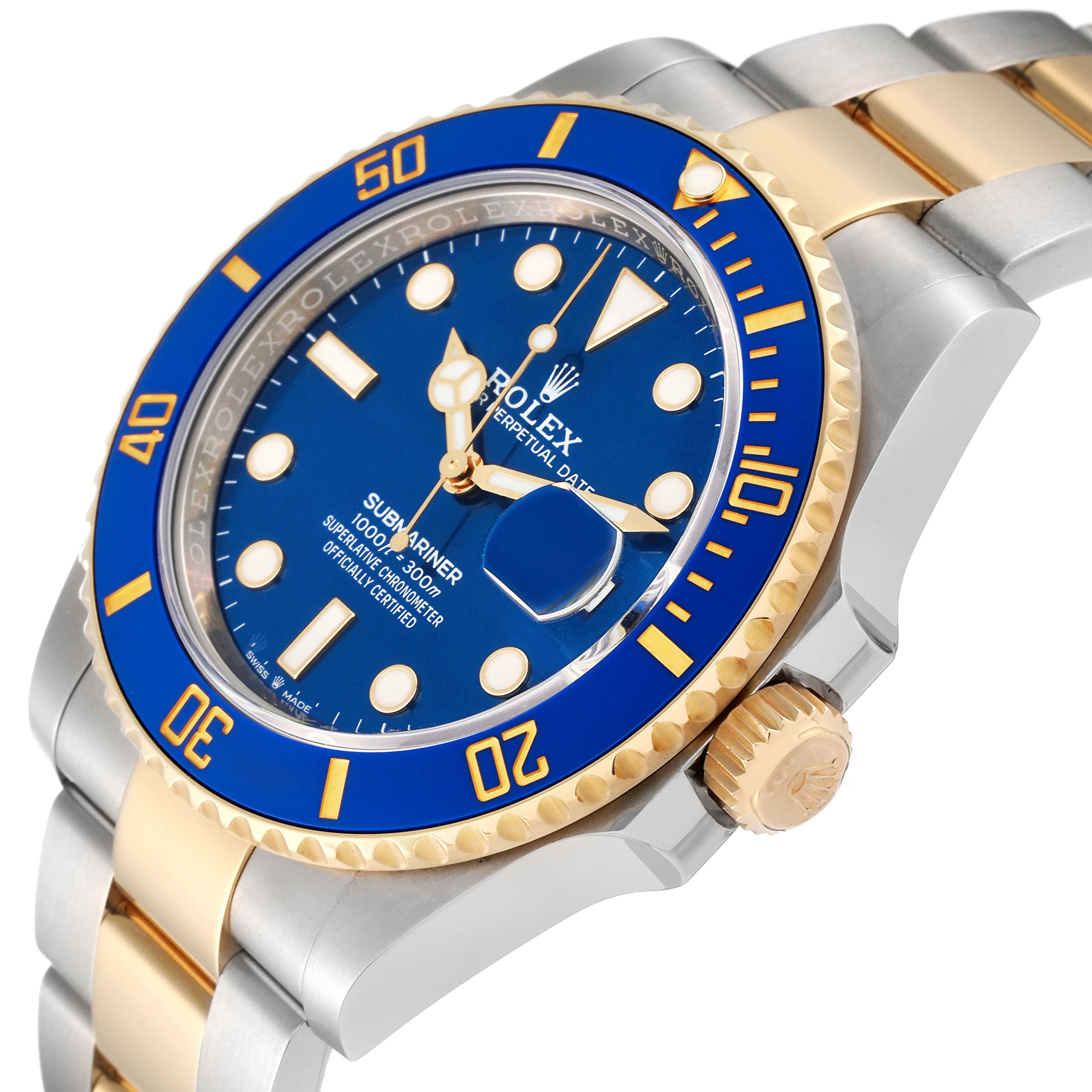 The image shows a close-up angled view of a Rolex Submariner 126613LB Men's Steel and Gold (two tone) Blue Dial 126613LB Men's Steel and Gold (two tone) Blue Dial watch focusing on the face, bezel, crown, and part of the bracelet.