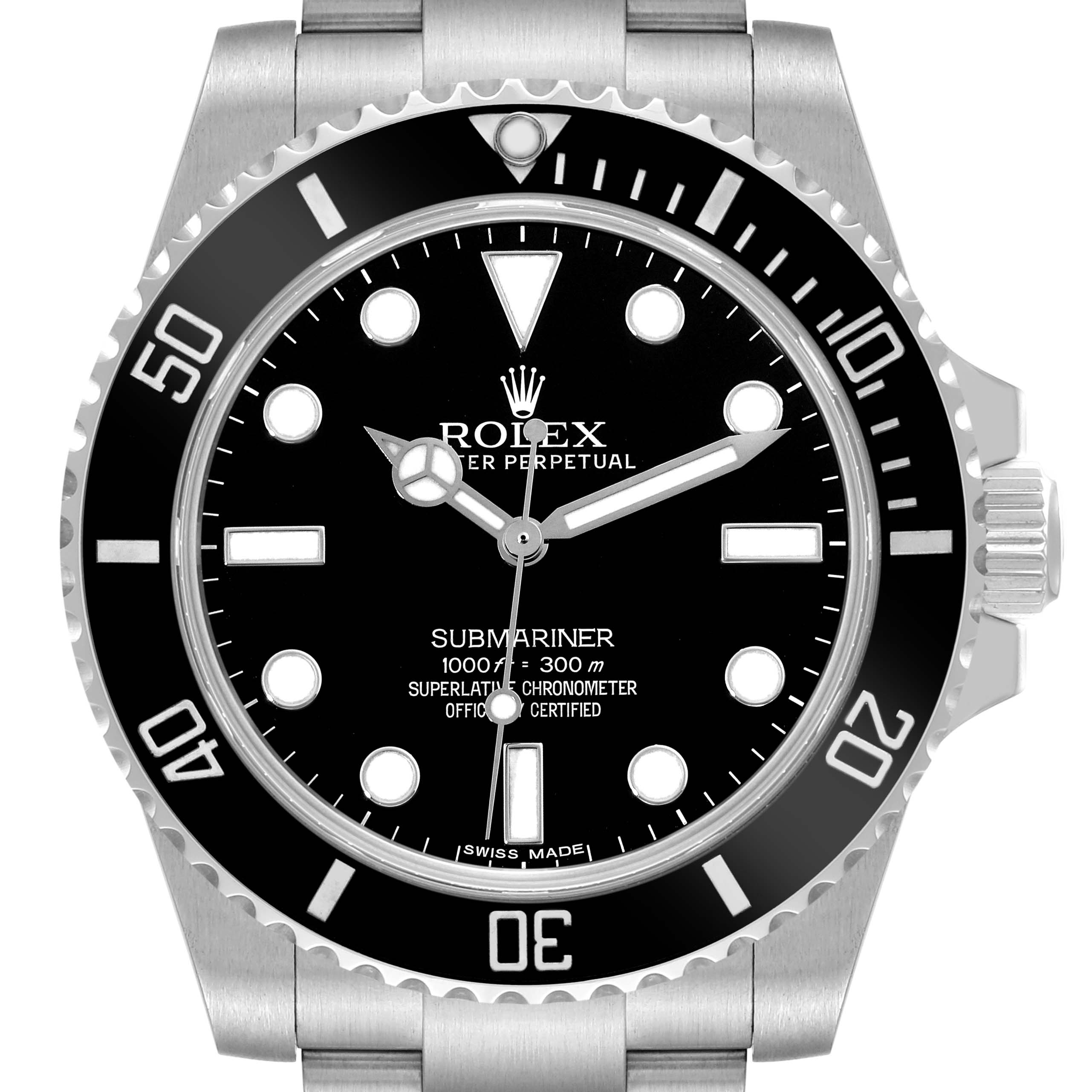 The image shows a front view of the Rolex Submariner 114060 Men's Stainless Steel Black Dial 114060 Men's Stainless Steel Black Dial watch, highlighting its bezel, dial, and bracelet.
